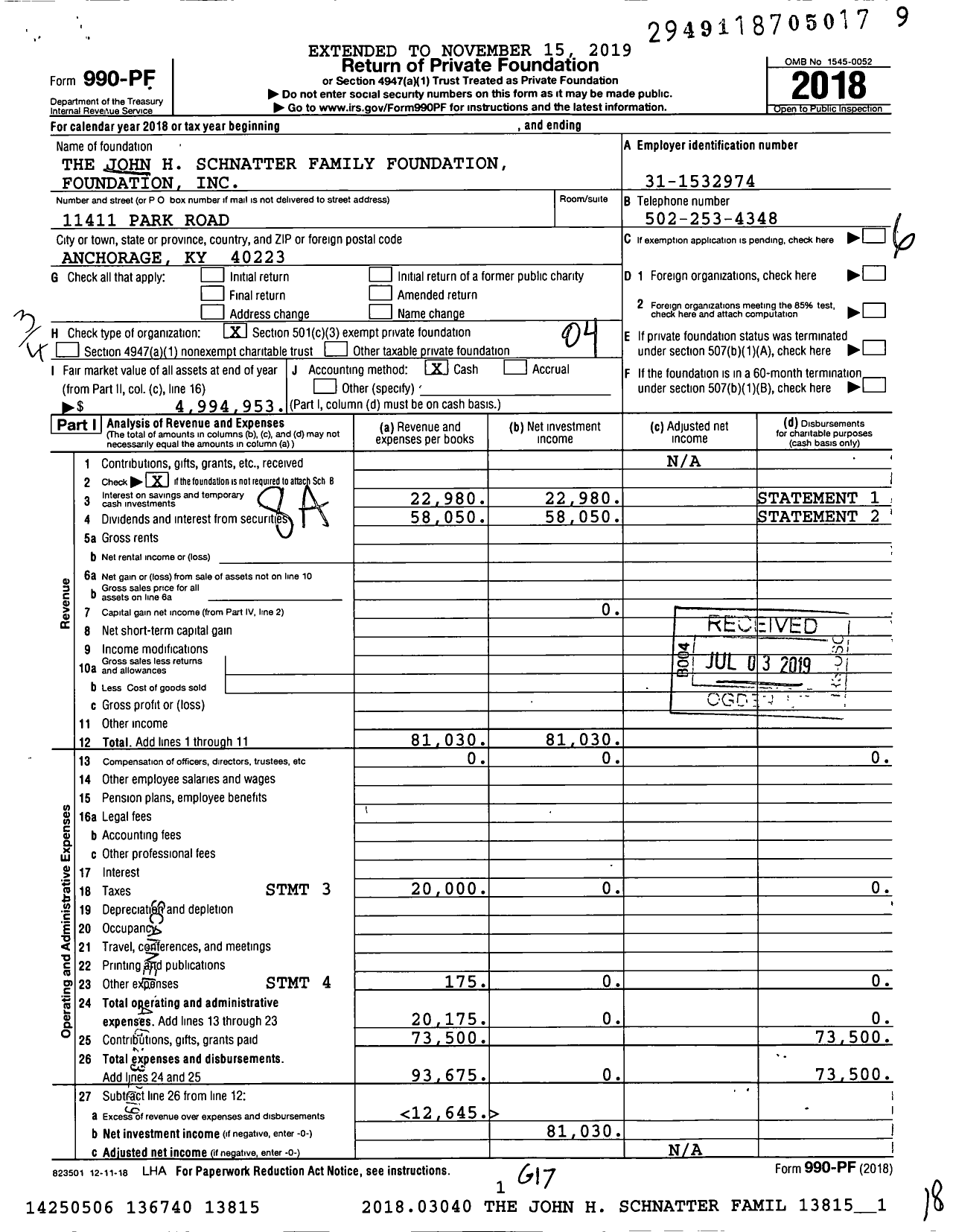 Image of first page of 2018 Form 990PF for The John H Schnatter Family Foundation Foundation