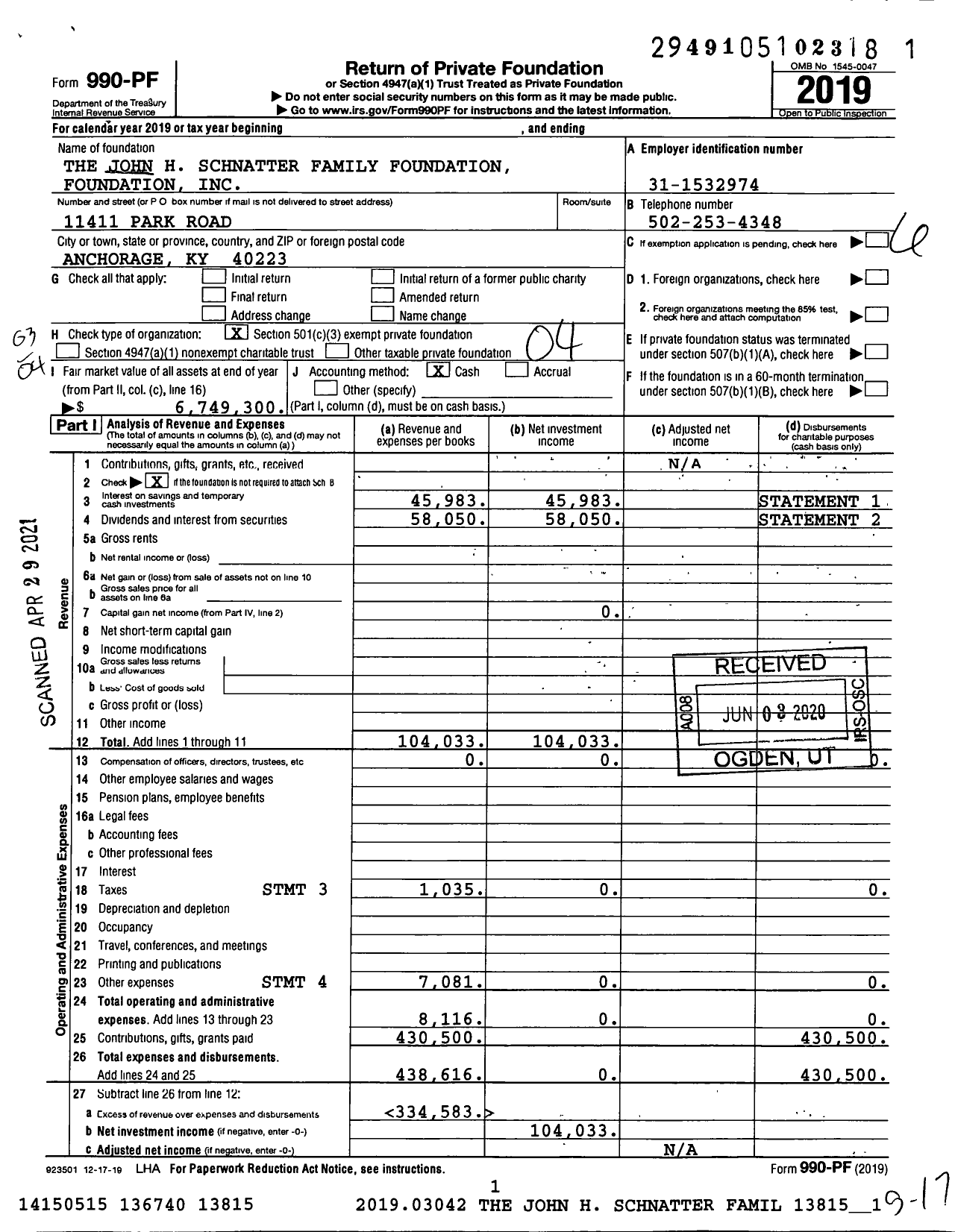 Image of first page of 2019 Form 990PF for The John H Schnatter Family Foundation Foundation