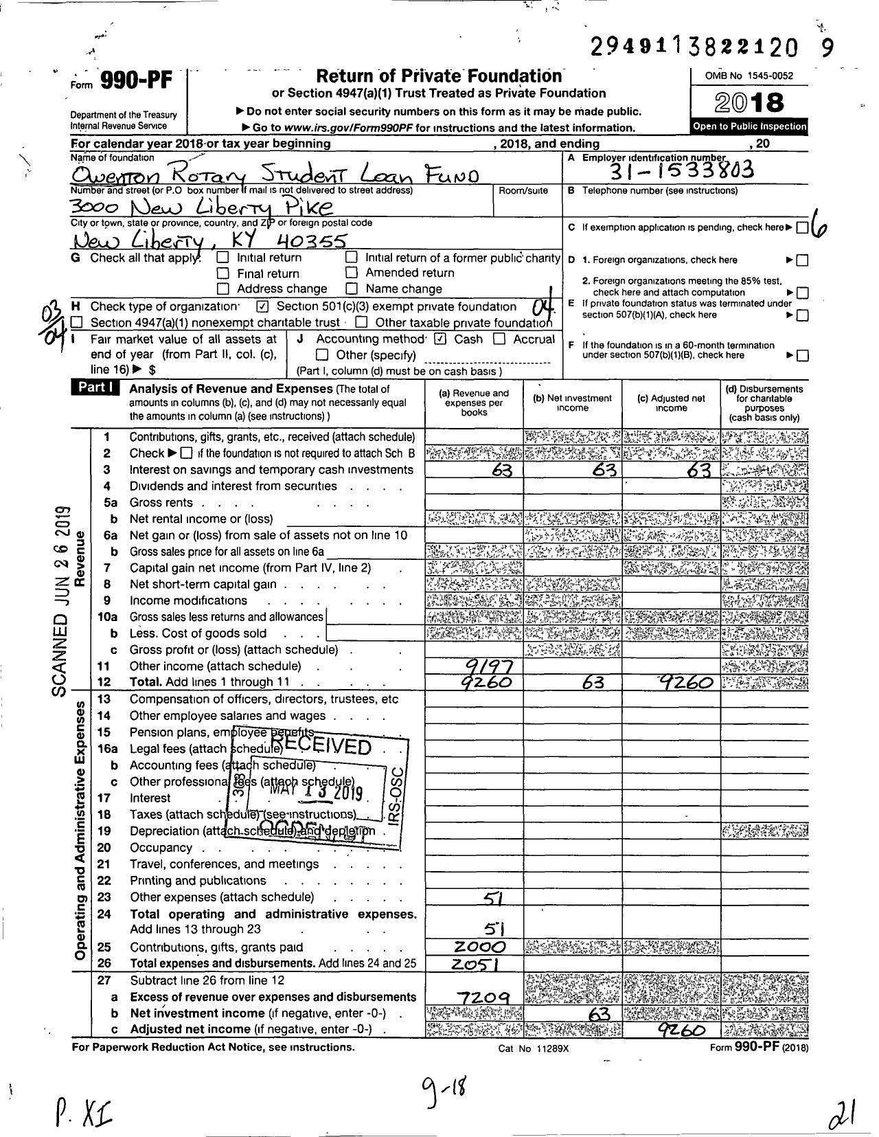 Image of first page of 2018 Form 990PF for Owenton Rotary Student Loan Fund
