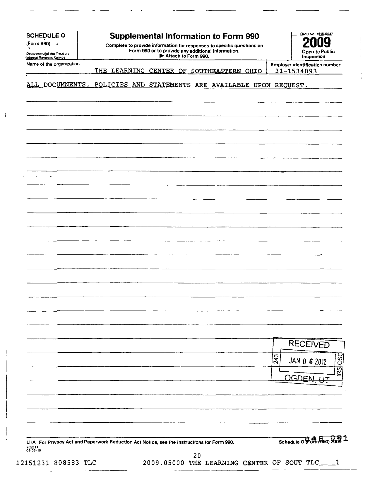 Image of first page of 2009 Form 990R for Learning Center of Southeastern Ohio