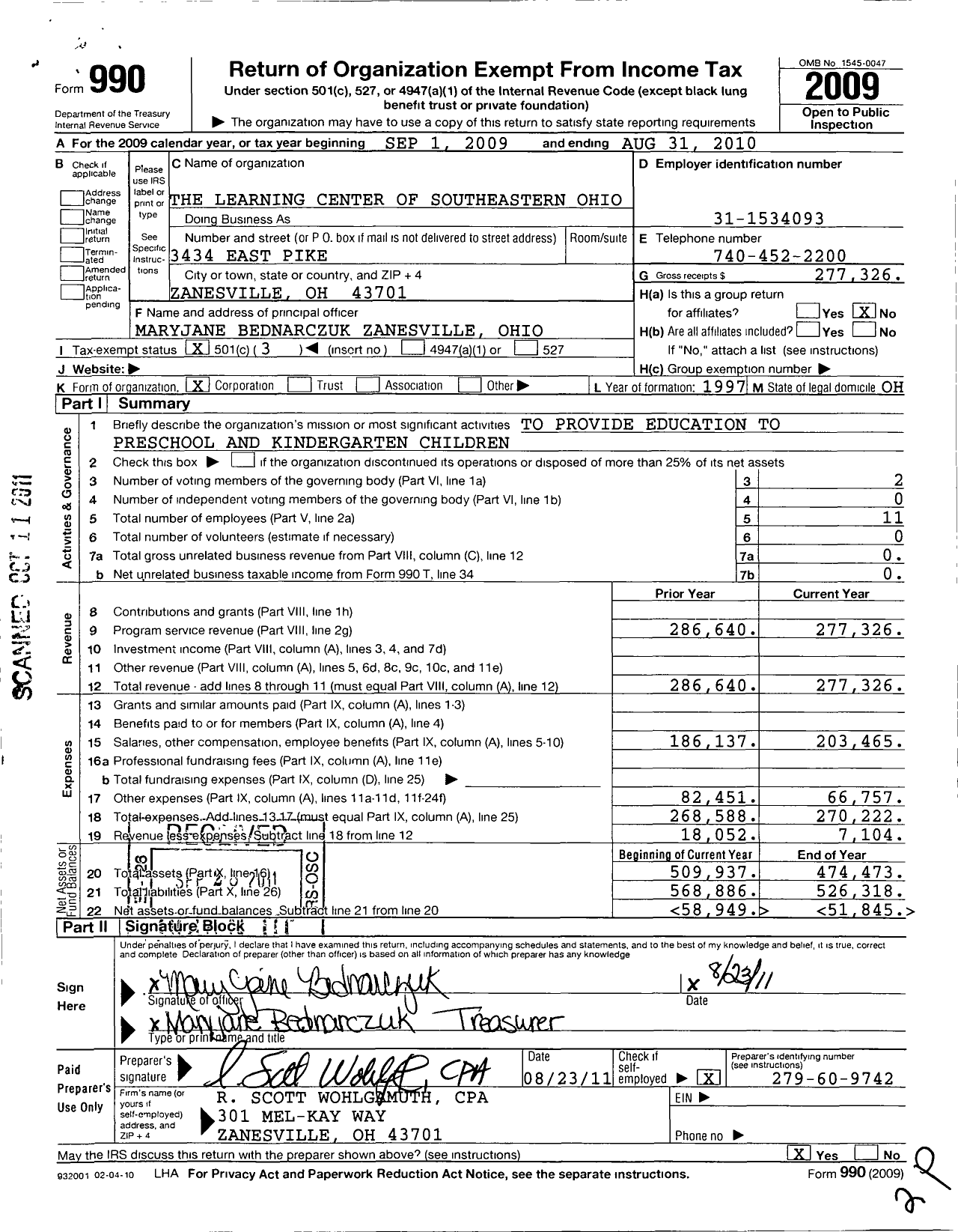 Image of first page of 2009 Form 990 for Learning Center of Southeastern Ohio