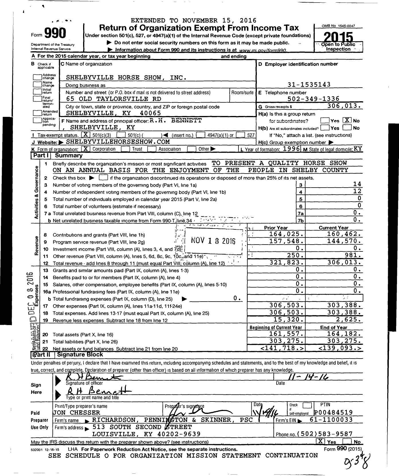 Image of first page of 2015 Form 990 for Shelbyville Horse Show