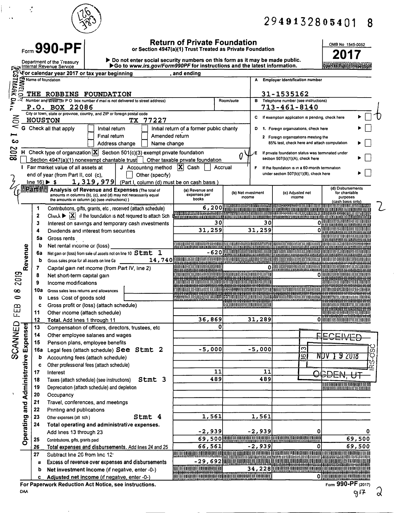 Image of first page of 2017 Form 990PF for The Robbins Foundation