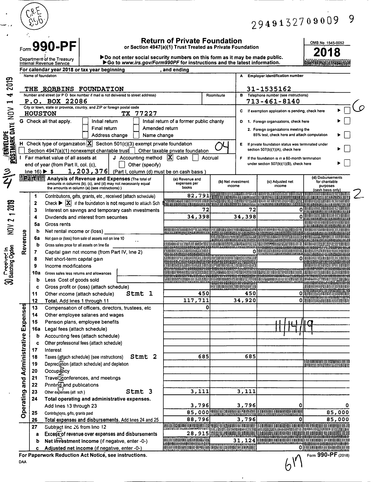 Image of first page of 2018 Form 990PF for The Robbins Foundation