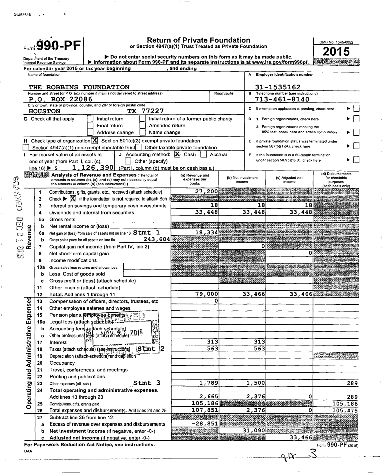 Image of first page of 2015 Form 990PF for The Robbins Foundation