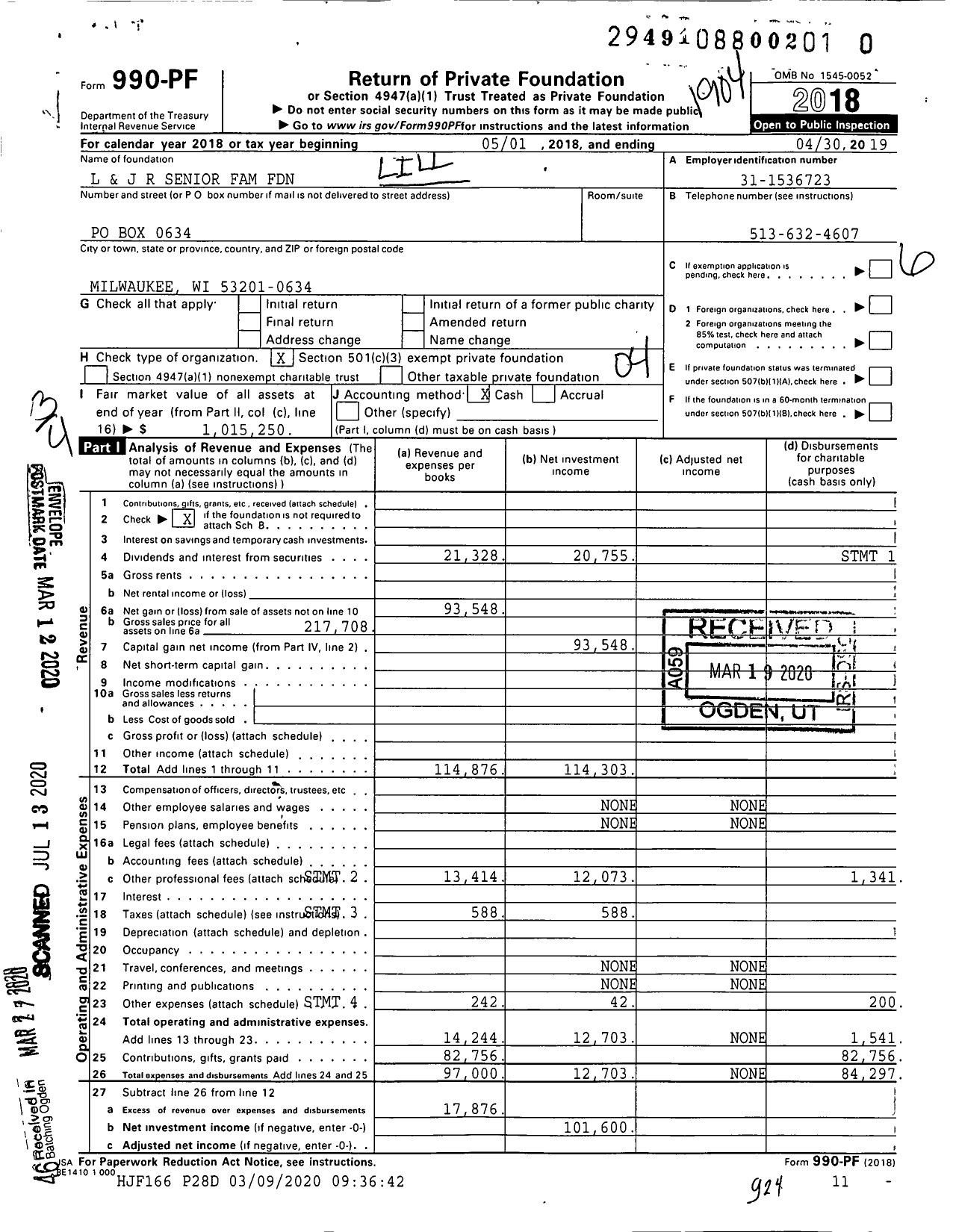 Image of first page of 2018 Form 990PR for L and J R Senior Family Foundation