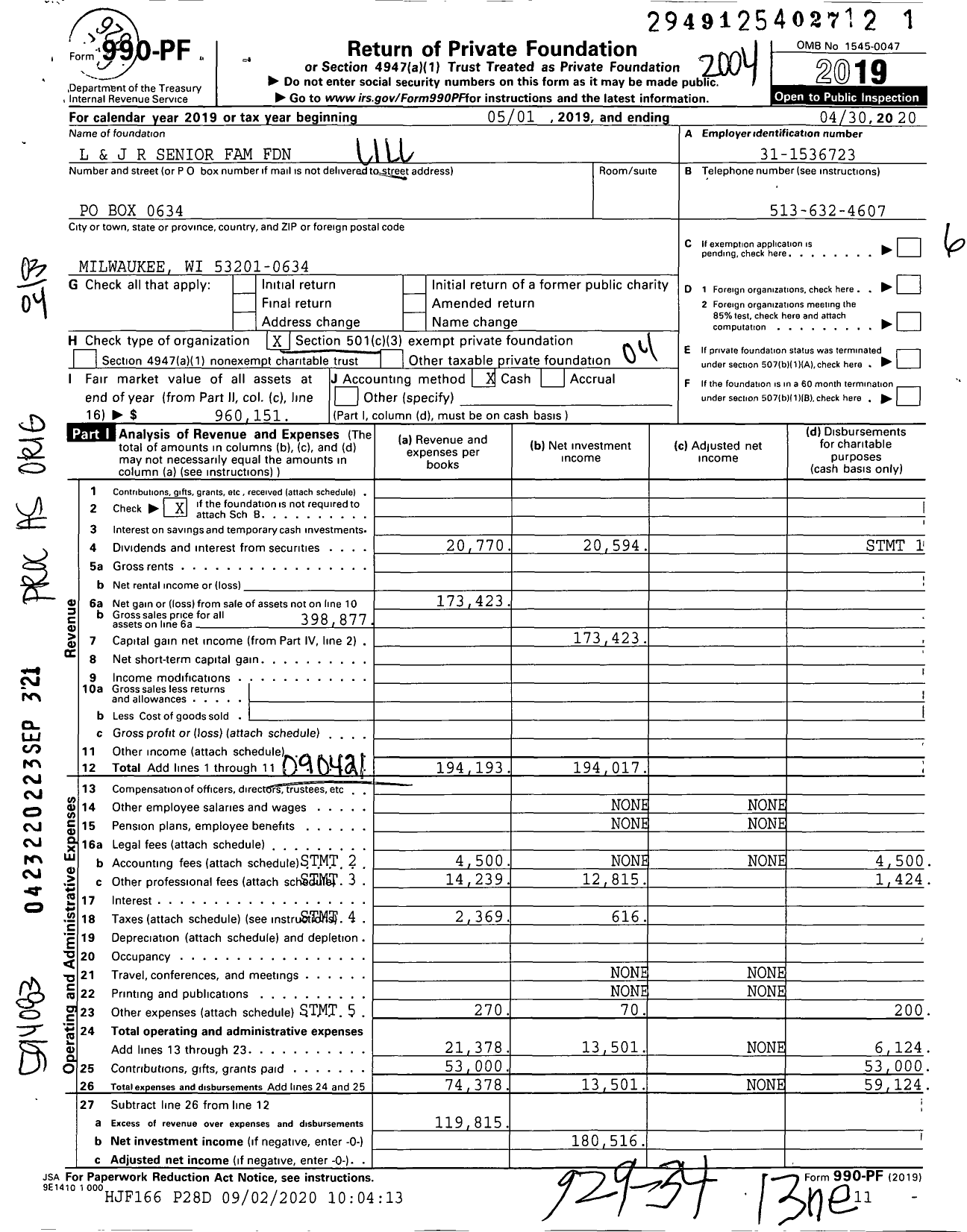 Image of first page of 2019 Form 990PF for L and J R Senior Family Foundation