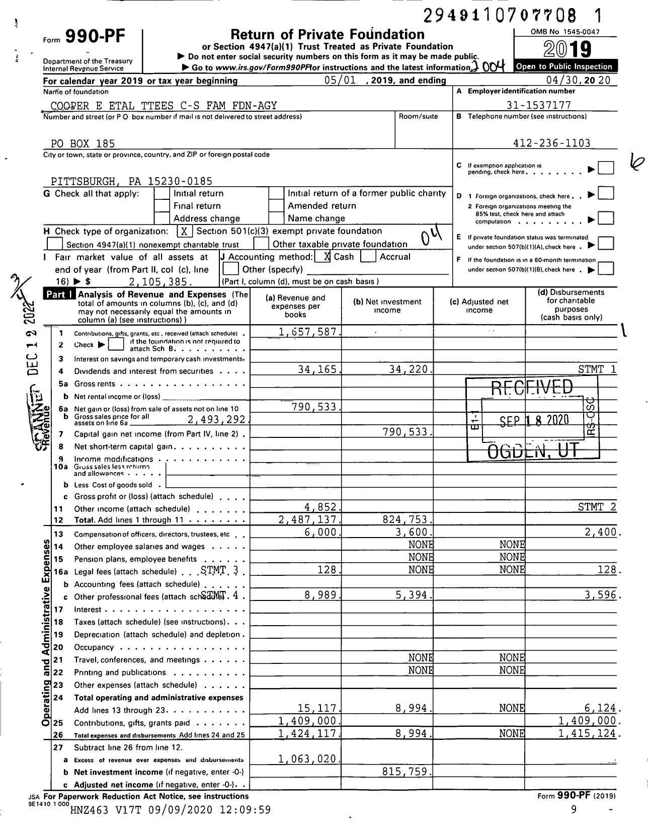 Image of first page of 2019 Form 990PF for Cooper E Etal Ttees C-S Family Fdn-Agy