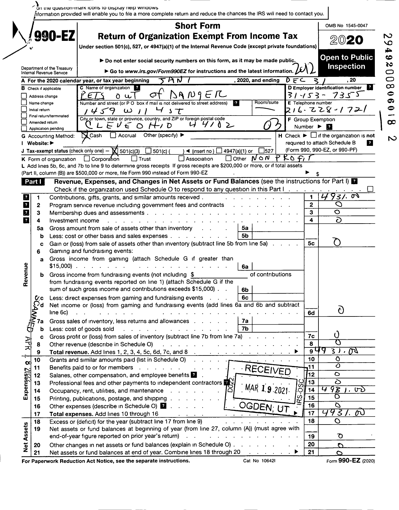 Image of first page of 2020 Form 990EZ for Pets Out of Danger