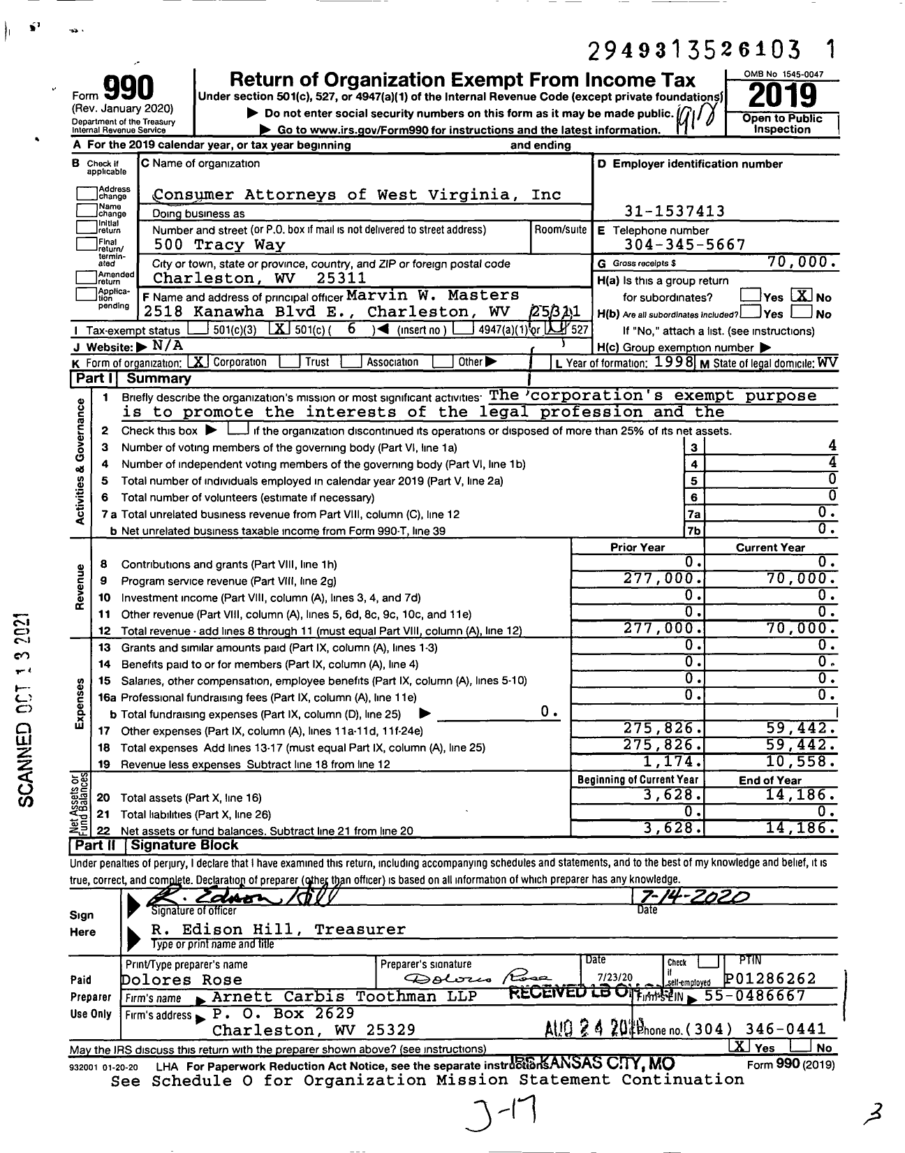 Image of first page of 2019 Form 990O for Consumer Attorneys of West Virginia