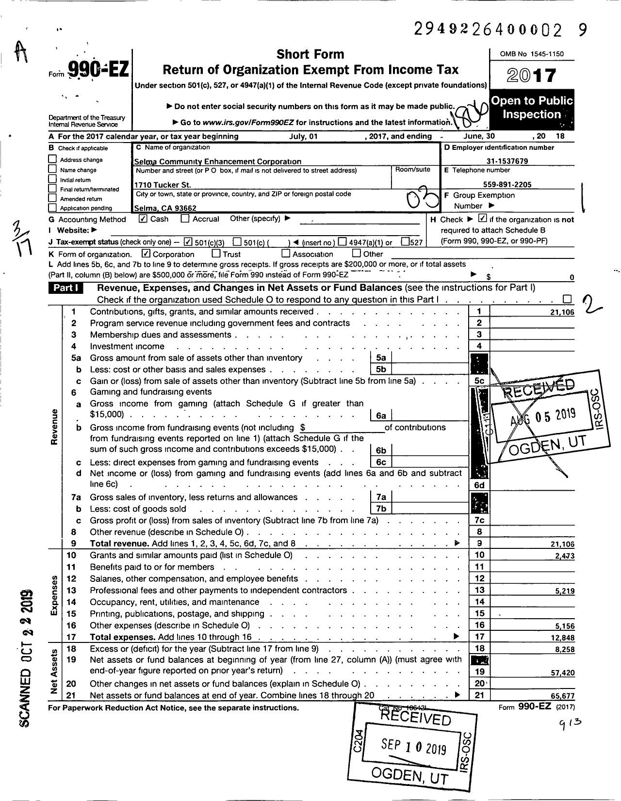 Image of first page of 2017 Form 990EZ for Selma Community Enhancement Corporation