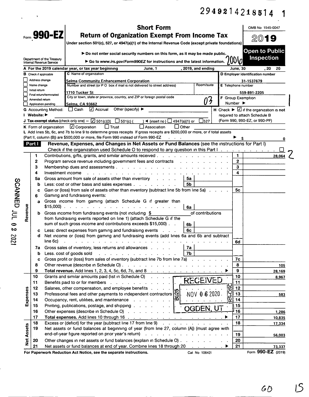 Image of first page of 2019 Form 990EZ for Selma Community Enhancement Corporation