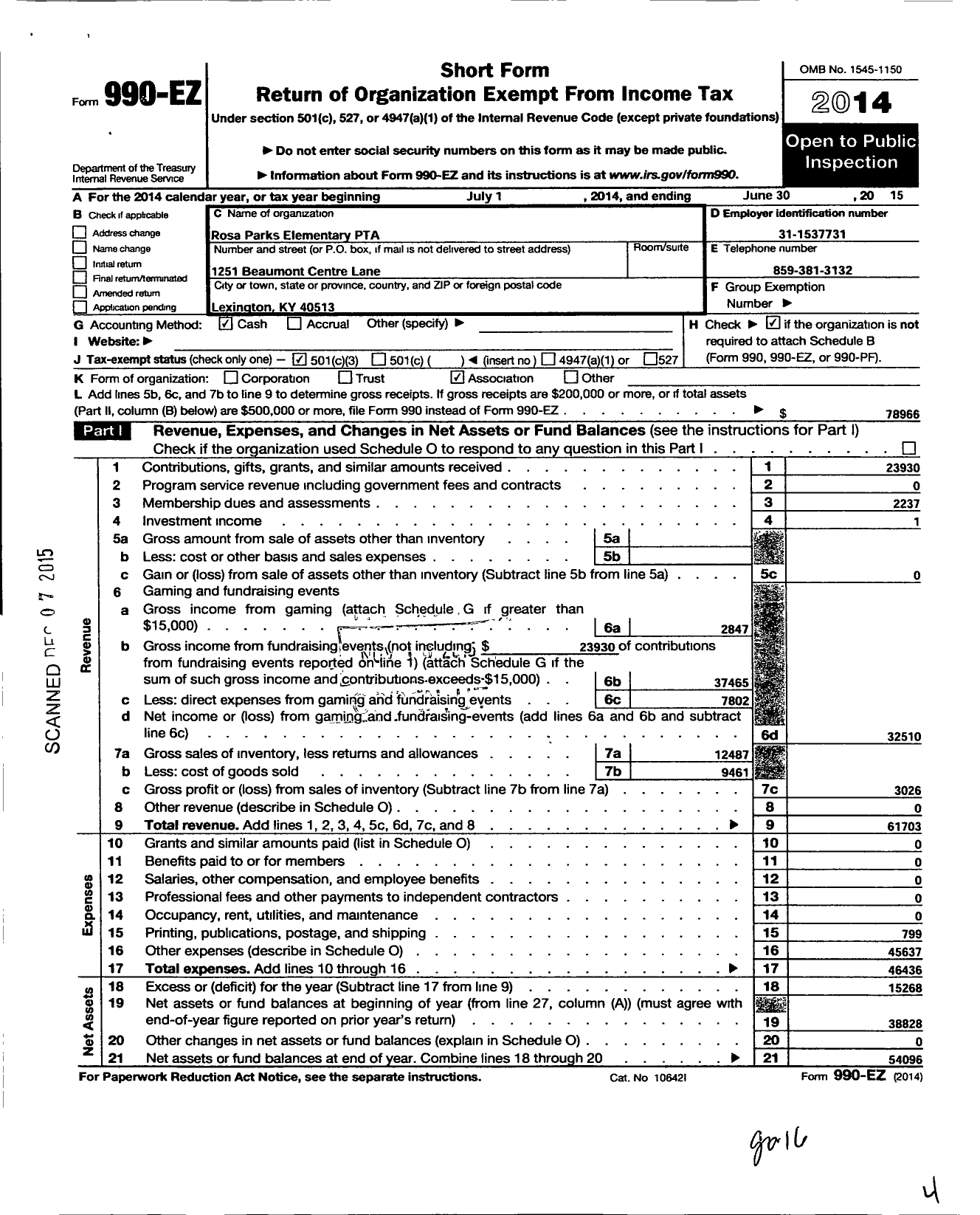 Image of first page of 2014 Form 990EZ for PTA Kentucky Congress / Rosa Parks Elementary PTA