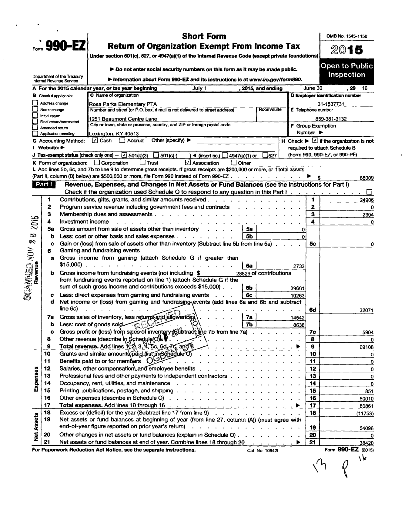 Image of first page of 2015 Form 990EZ for PTA Kentucky Congress / Rosa Parks Elementary PTA