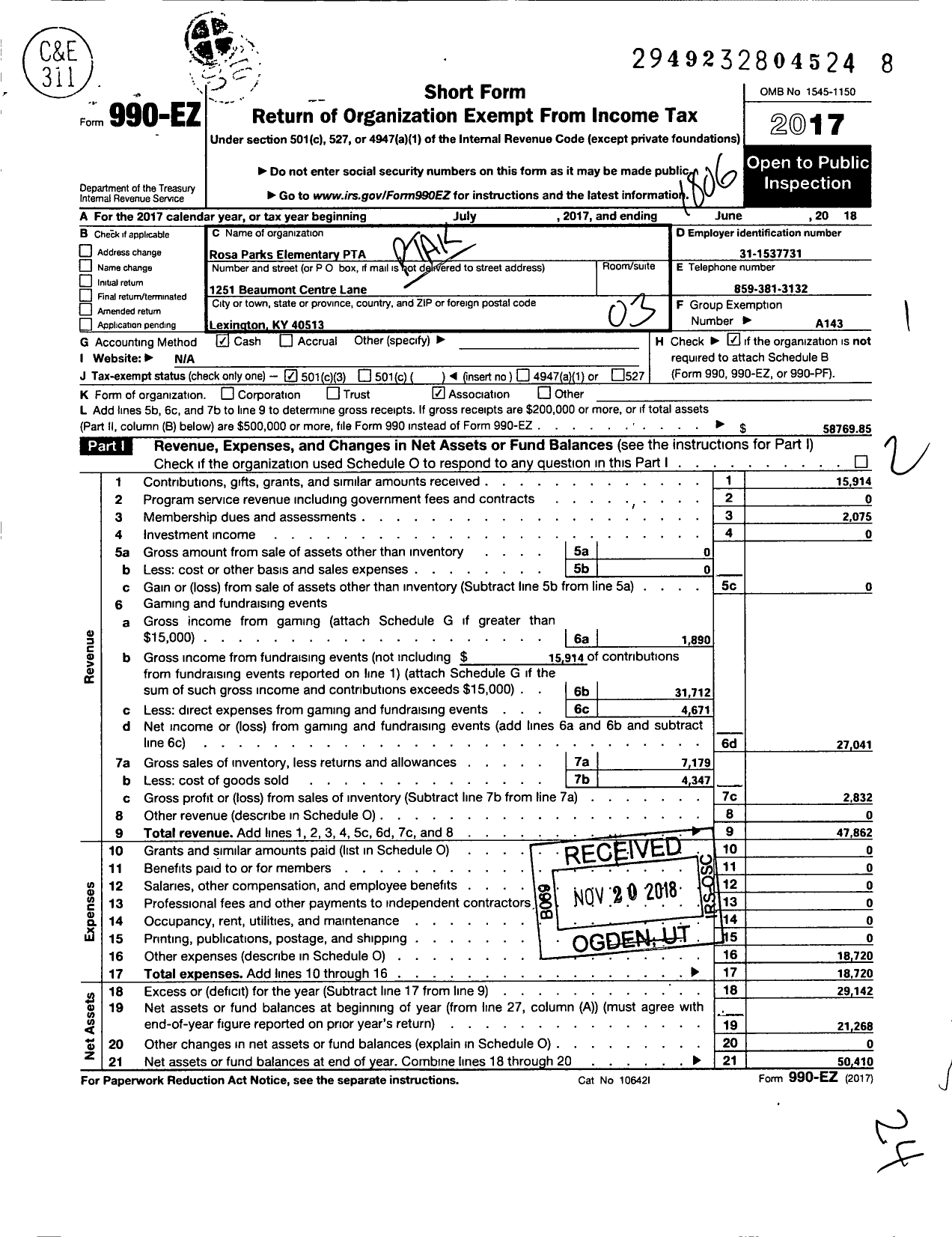 Image of first page of 2017 Form 990EZ for PTA Kentucky Congress / Rosa Parks Elementary PTA