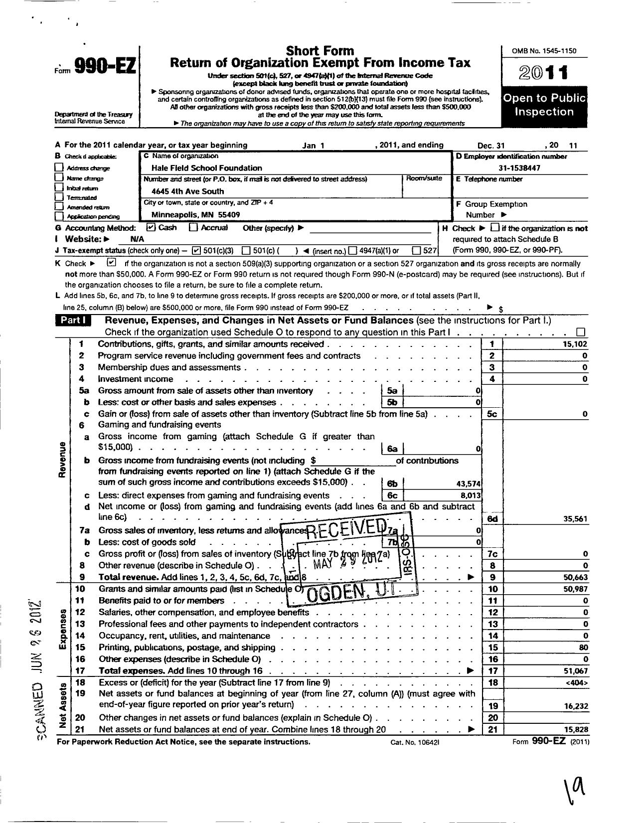 Image of first page of 2011 Form 990EZ for Hale-Field Foundation