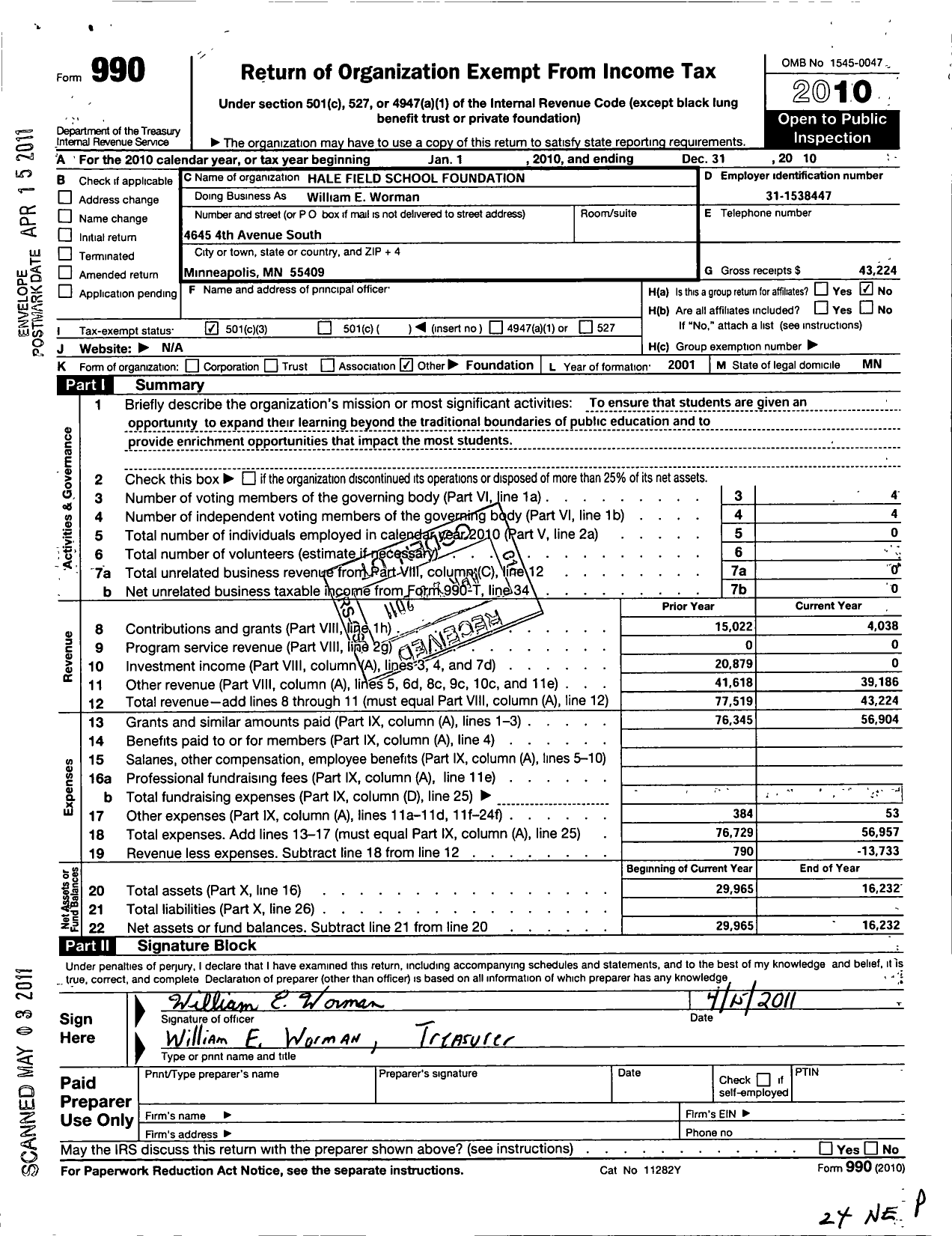 Image of first page of 2010 Form 990 for Hale-Field Foundation