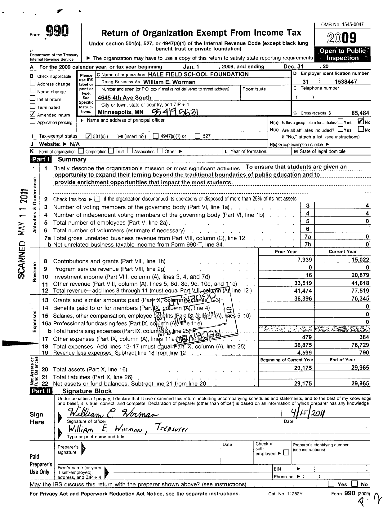 Image of first page of 2009 Form 990O for Hale-Field Foundation