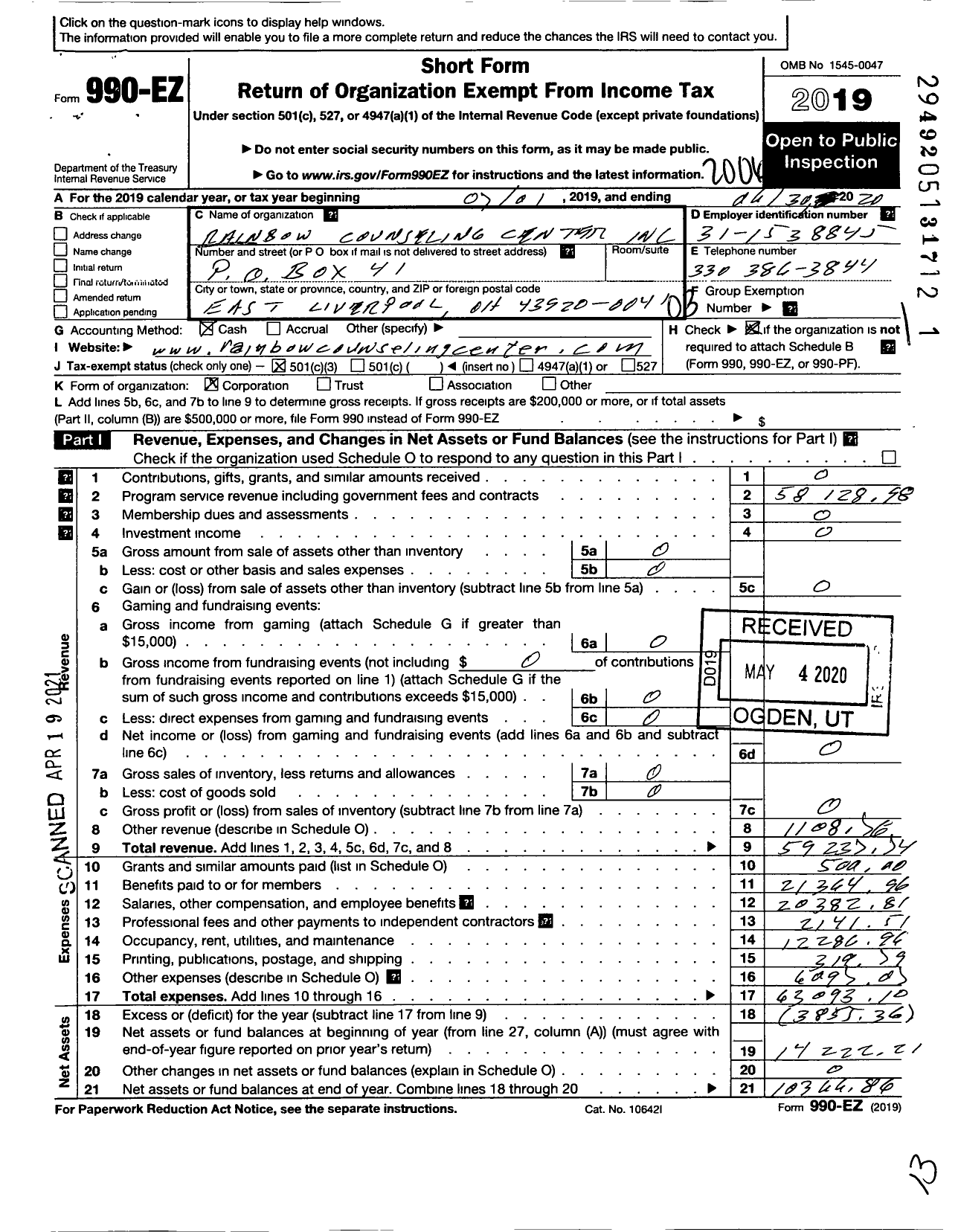 Image of first page of 2019 Form 990EZ for Rainbow Counseling Center