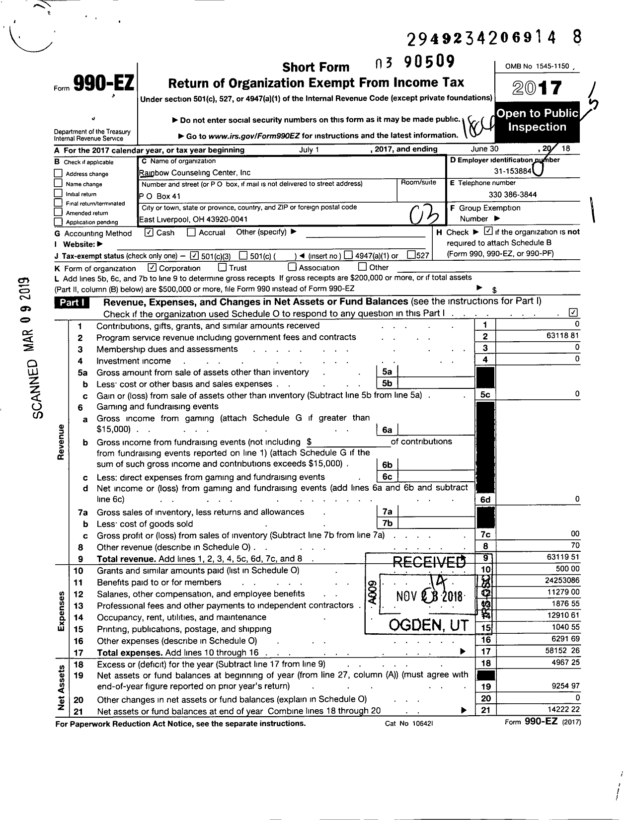 Image of first page of 2017 Form 990EZ for Rainbow Counseling Center