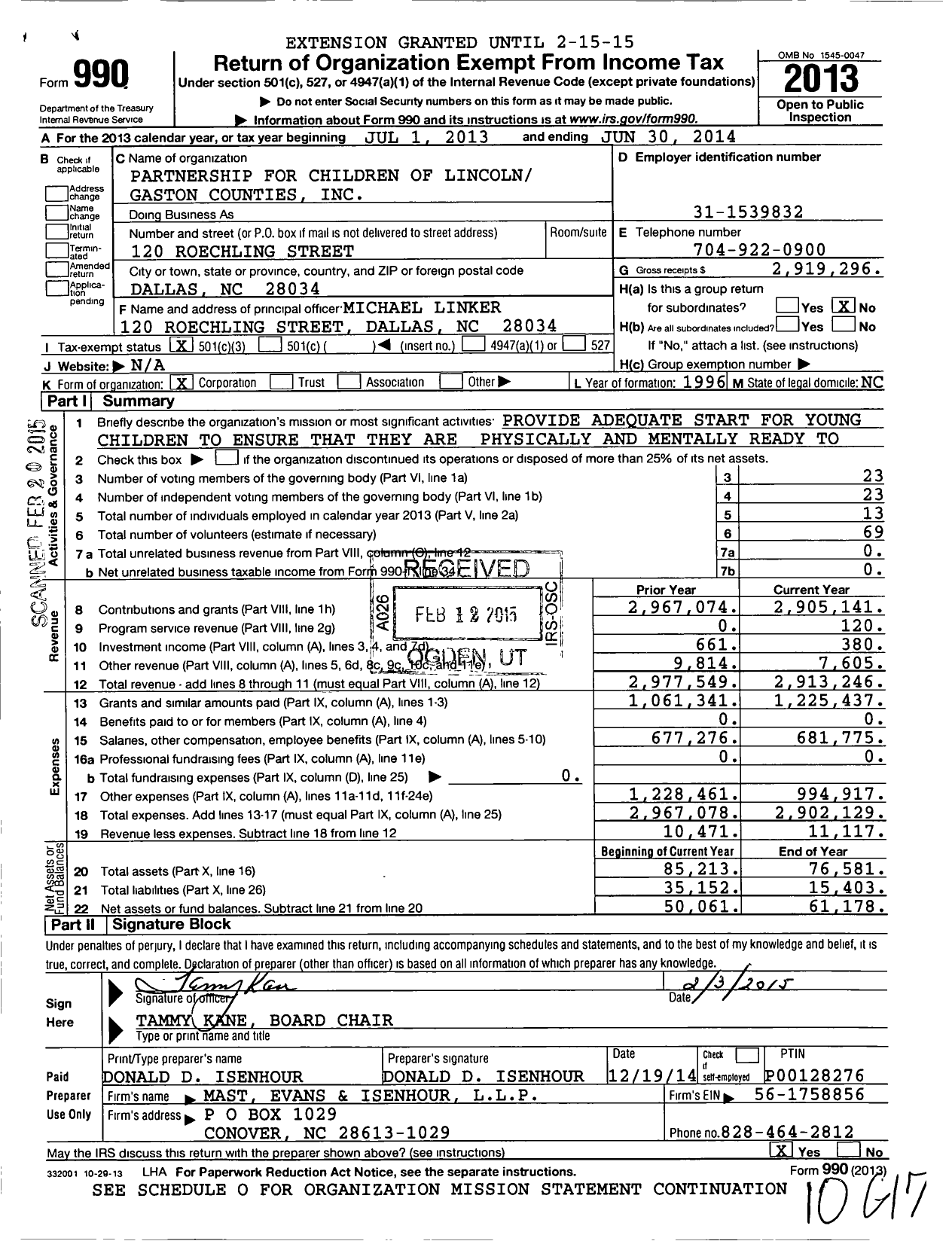 Image of first page of 2013 Form 990 for Partnership for Children of Lincoln and Gaston Counties (PFCLG)