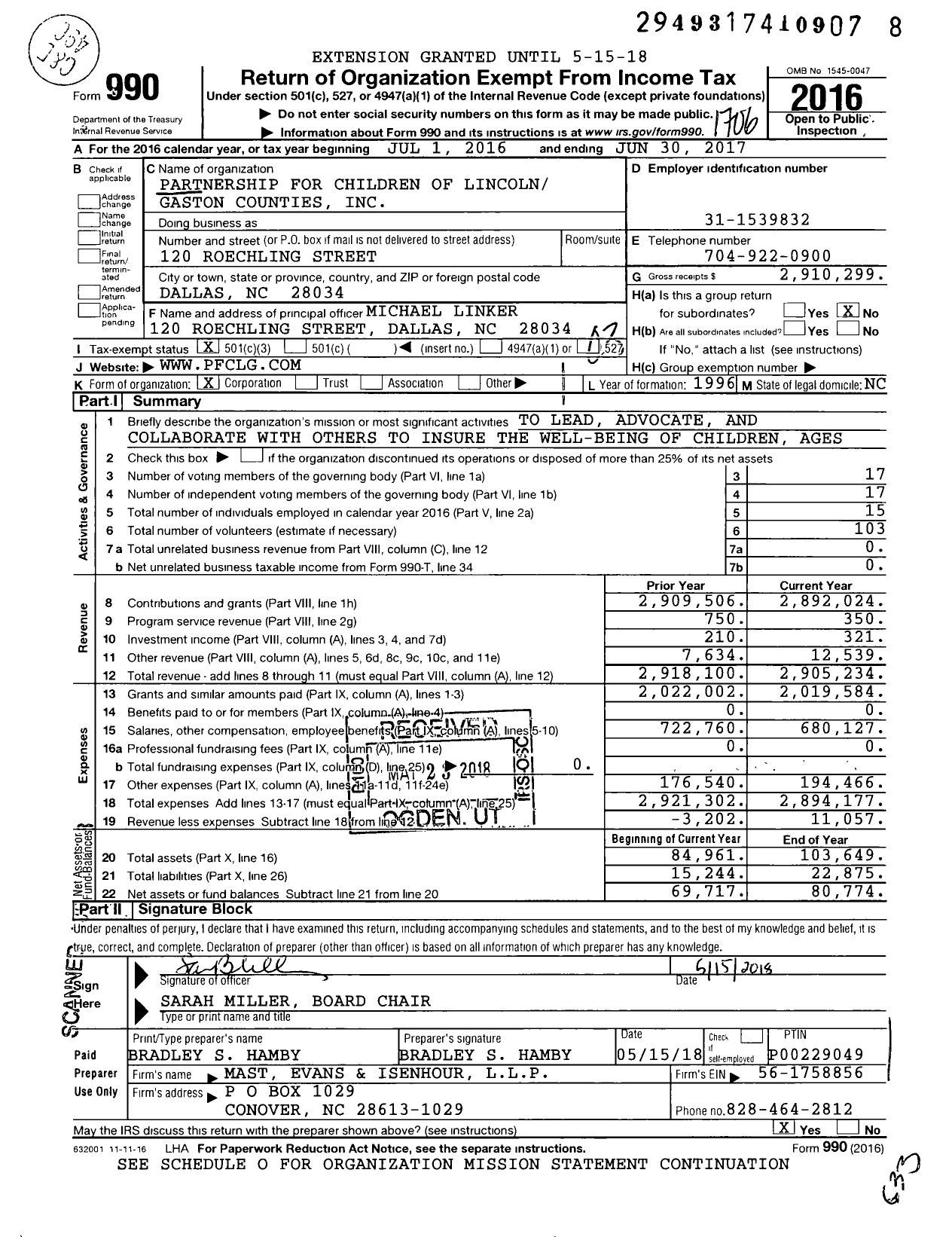 Image of first page of 2016 Form 990 for Partnership for Children of Lincoln and Gaston Counties (PFCLG)