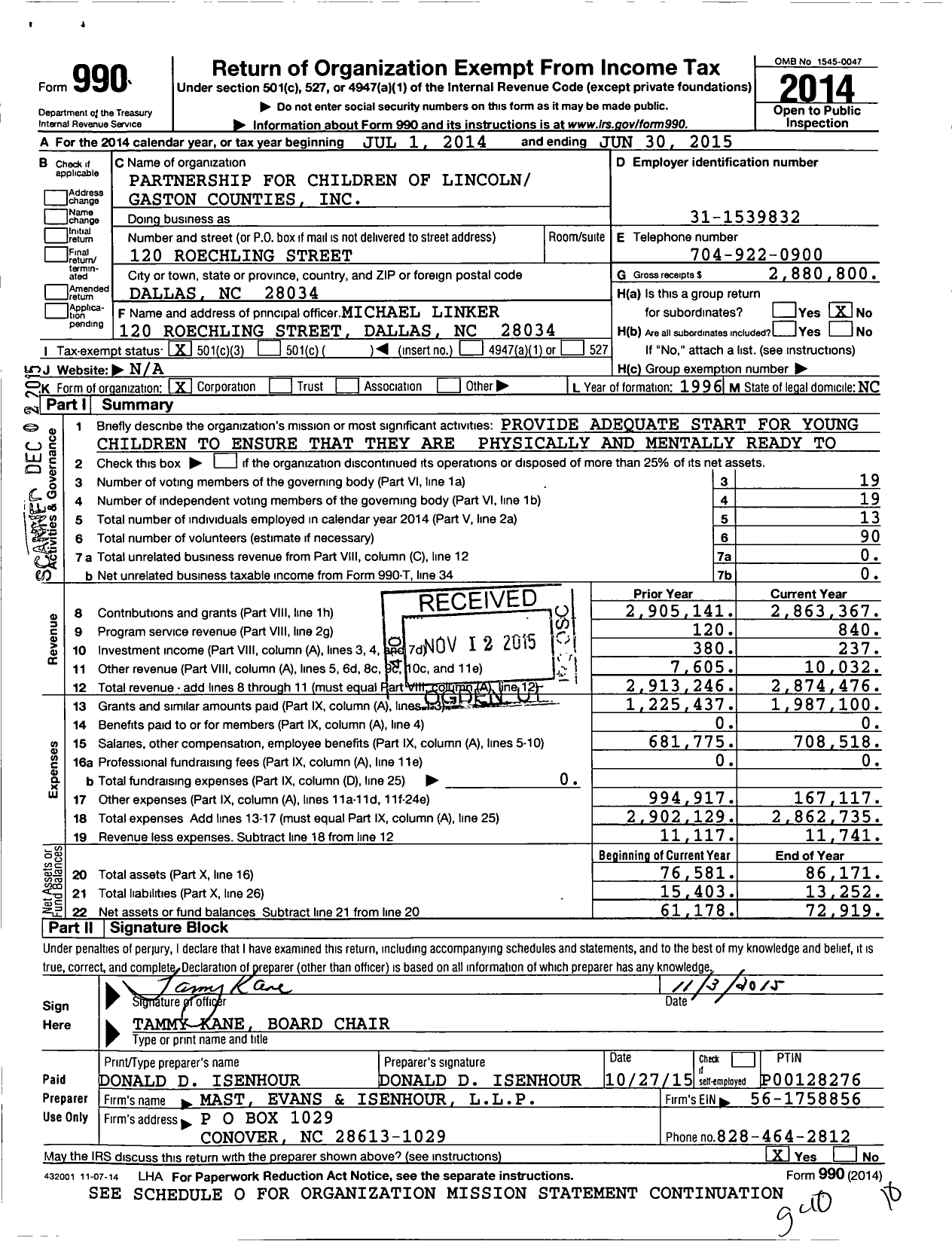 Image of first page of 2014 Form 990 for Partnership for Children of Lincoln and Gaston Counties (PFCLG)