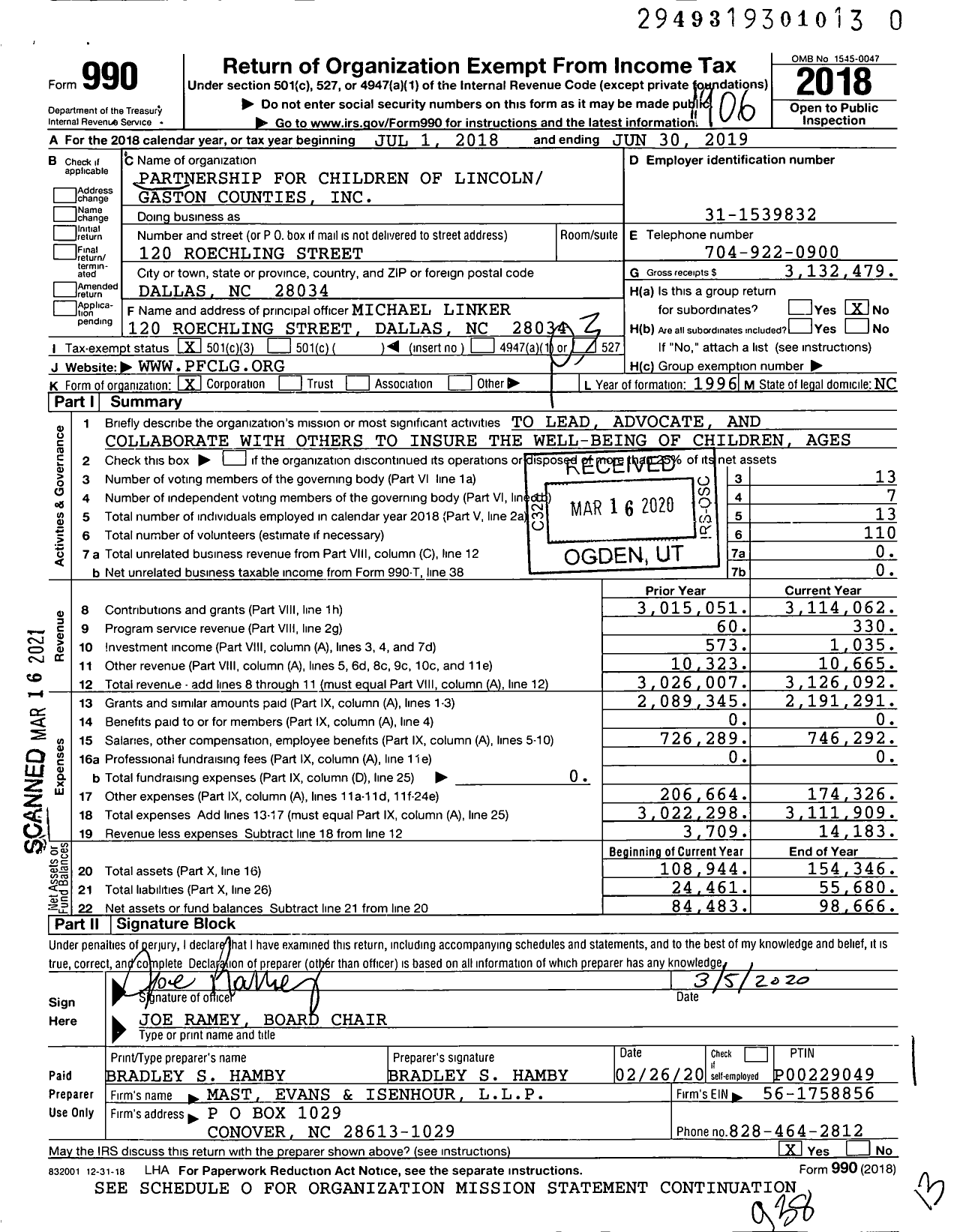 Image of first page of 2018 Form 990 for Partnership for Children of Lincoln and Gaston Counties (PFCLG)