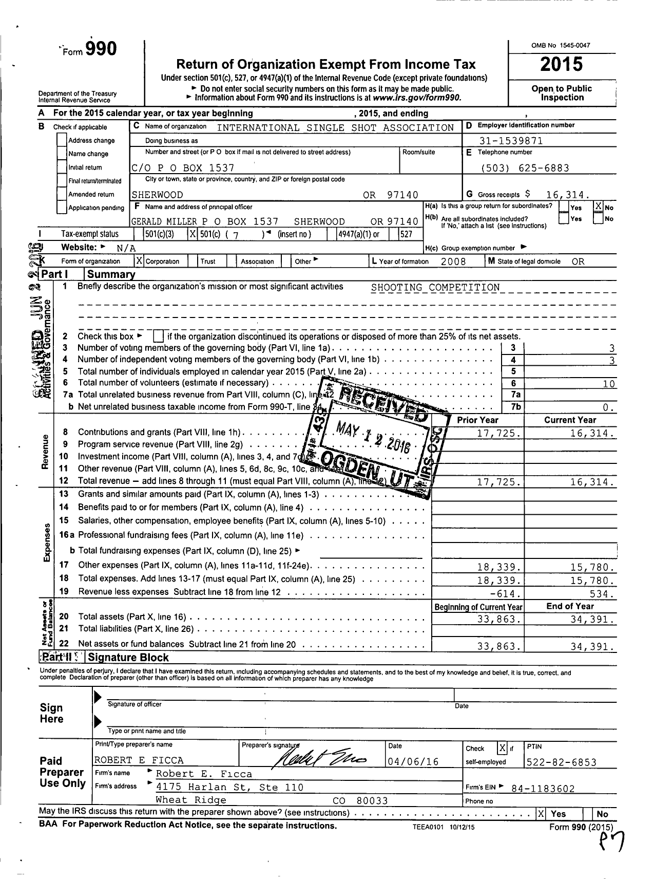 Image of first page of 2015 Form 990O for International Single Shot Association