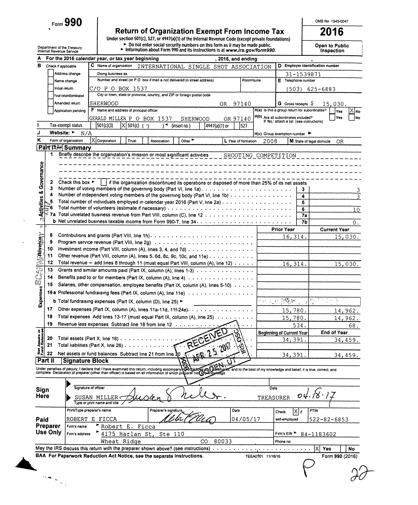 Image of first page of 2016 Form 990O for International Single Shot Association