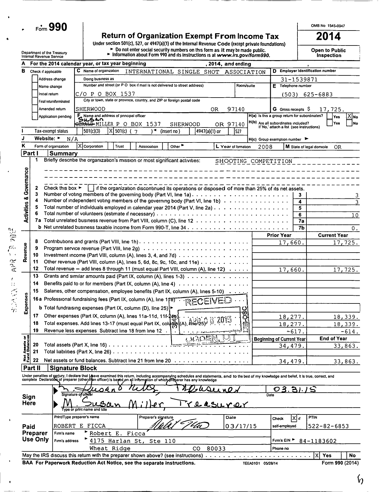 Image of first page of 2014 Form 990O for International Single Shot Association