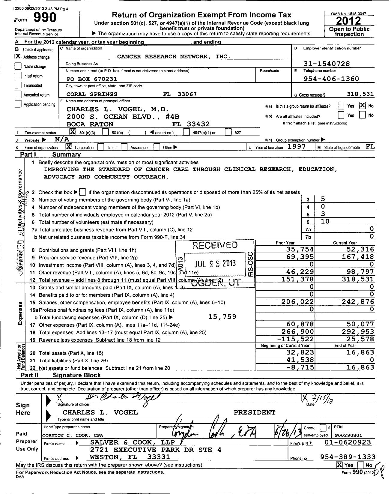 Image of first page of 2012 Form 990 for Cancer Research Network