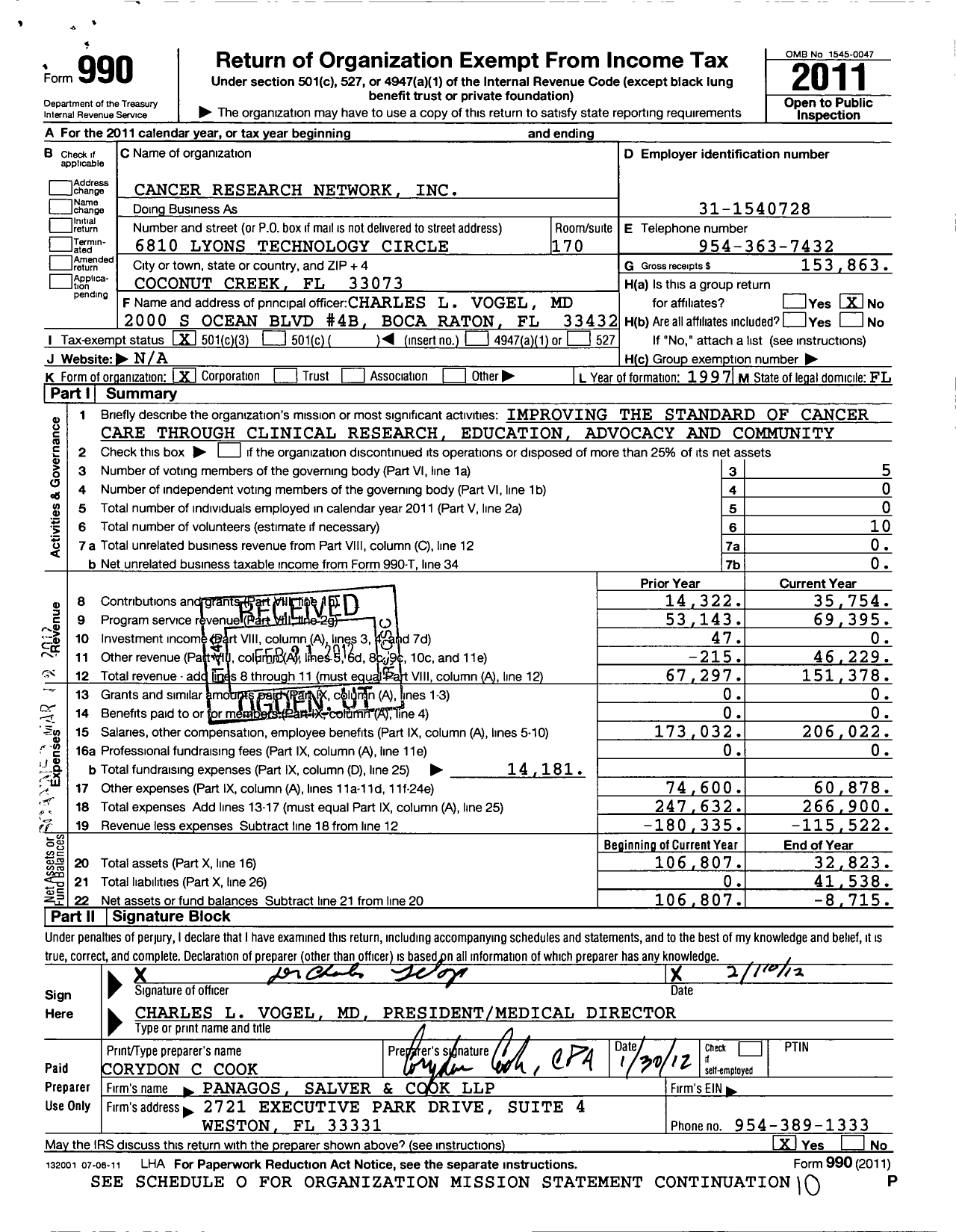 Image of first page of 2011 Form 990 for Cancer Research Network