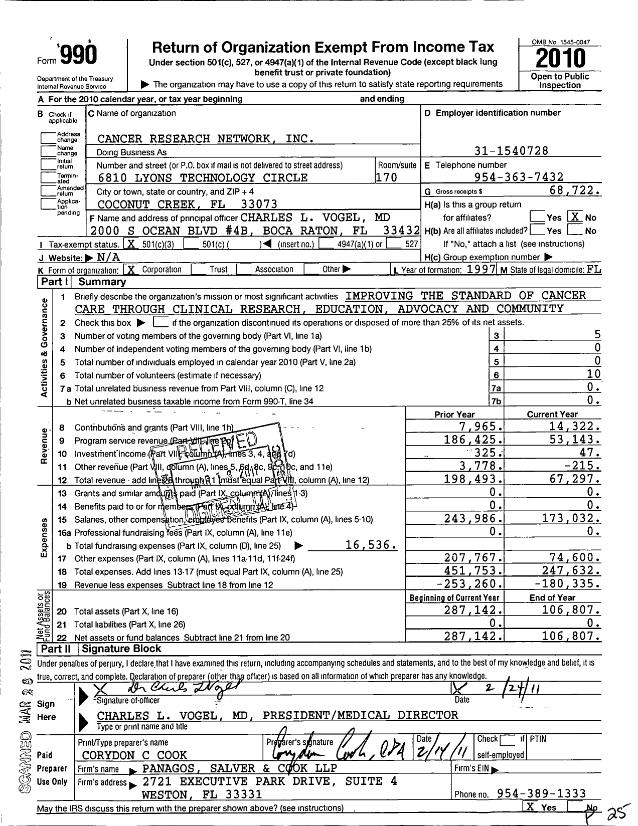 Image of first page of 2010 Form 990 for Cancer Research Network