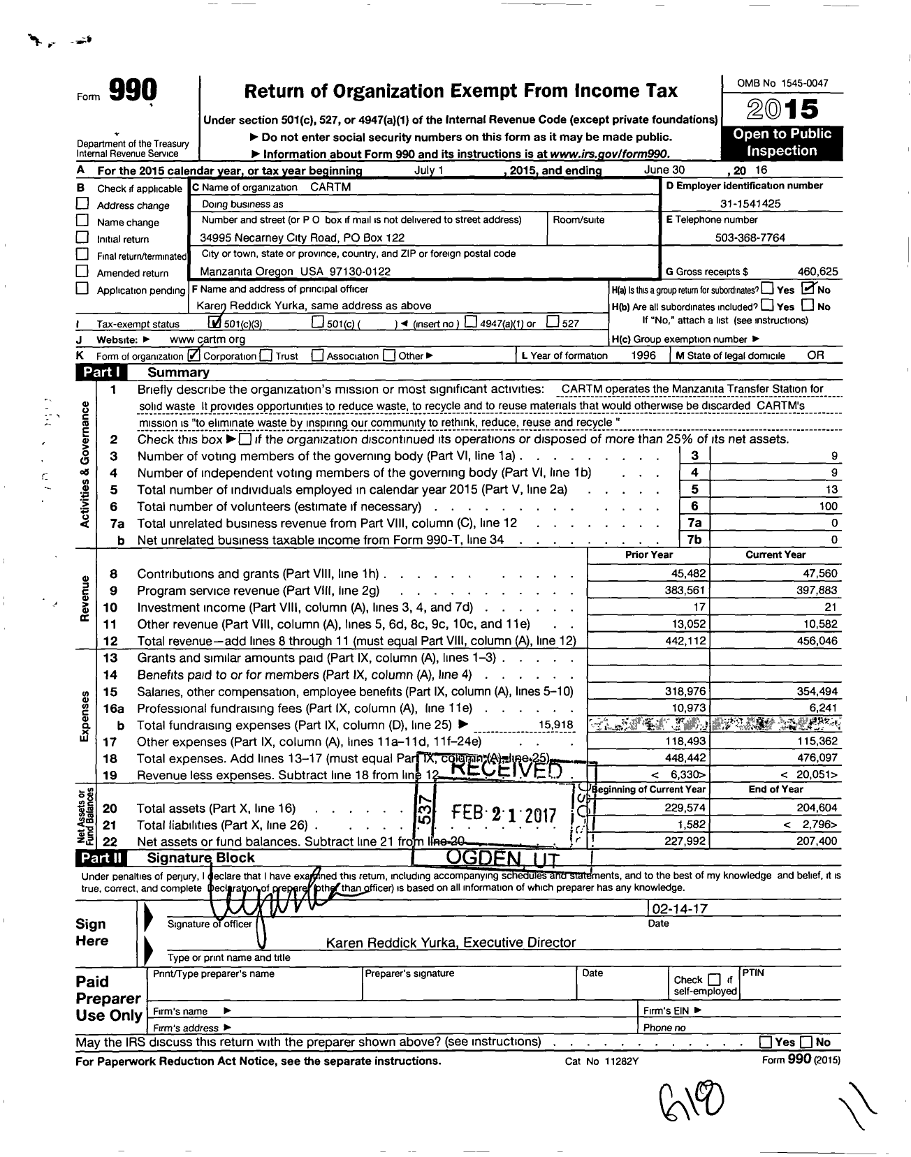 Image of first page of 2015 Form 990 for Cartm