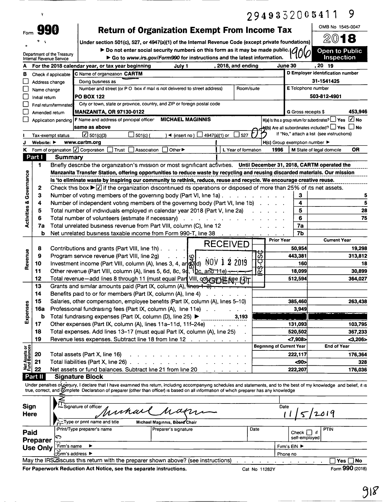 Image of first page of 2018 Form 990 for Cartm