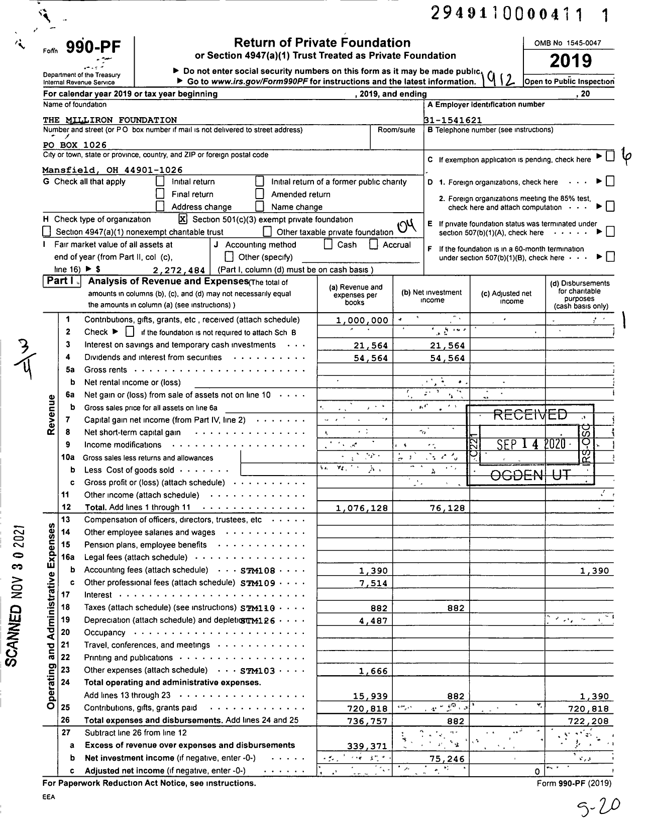 Image of first page of 2019 Form 990PF for The Milliron Foundation