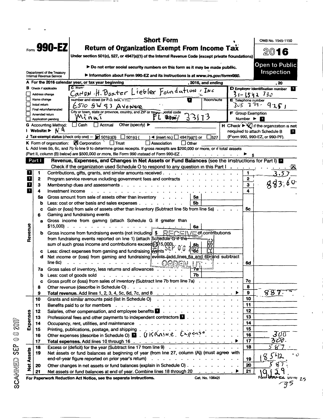 Image of first page of 2016 Form 990EZ for Canon H Baxter Liebler Foundation