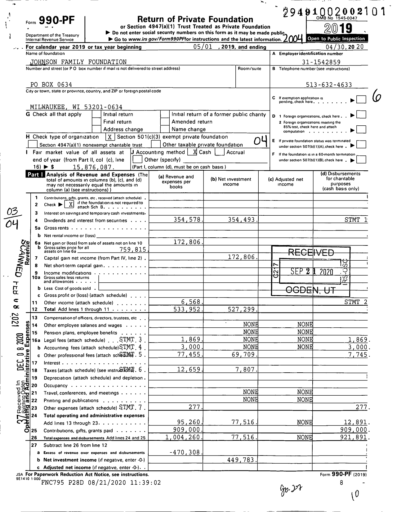 Image of first page of 2019 Form 990PF for Johnson Family Foundation