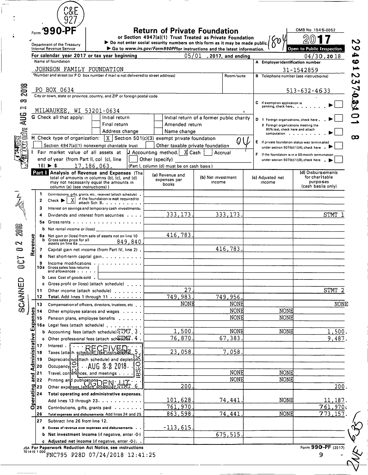 Image of first page of 2017 Form 990PF for Johnson Family Foundation