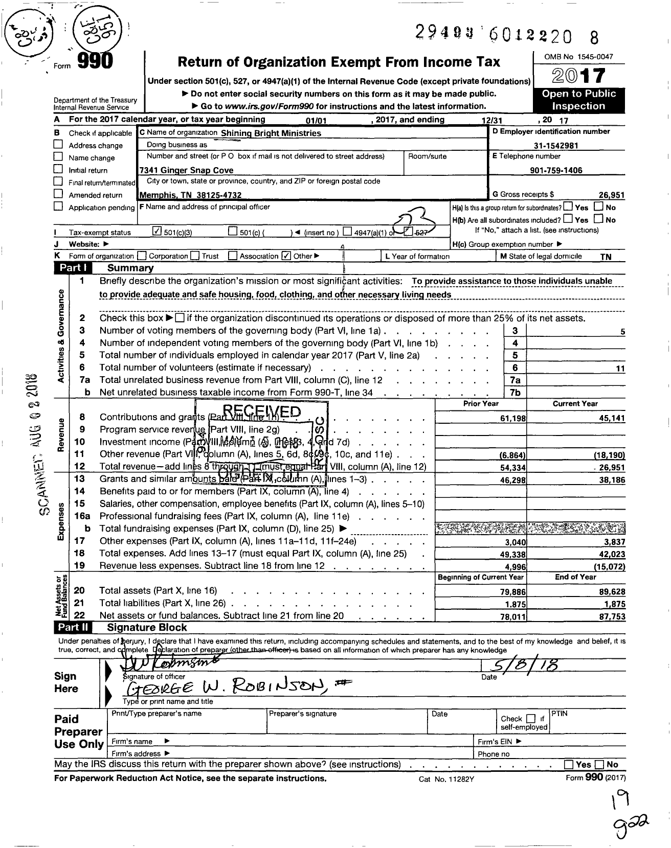 Image of first page of 2017 Form 990 for Shining Bright Ministries