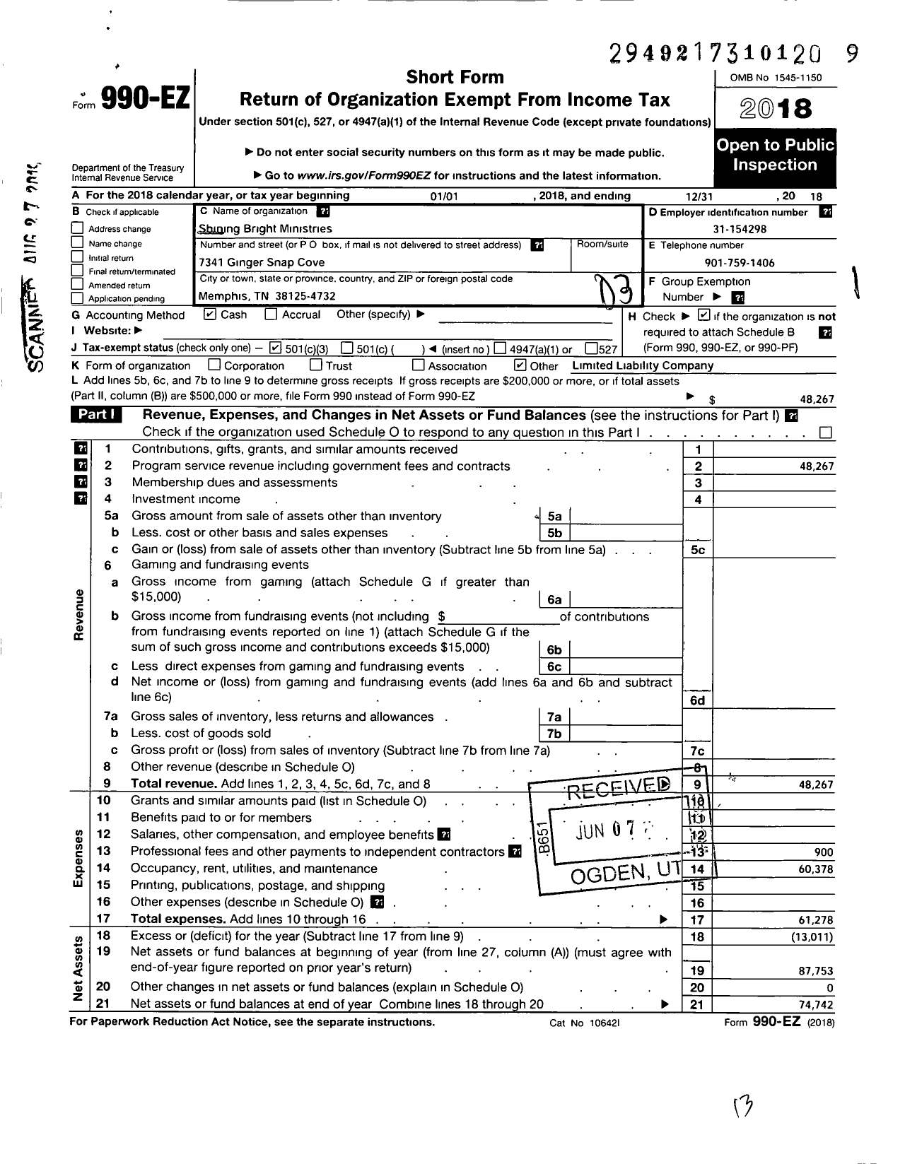 Image of first page of 2018 Form 990EZ for Shining Bright Ministries