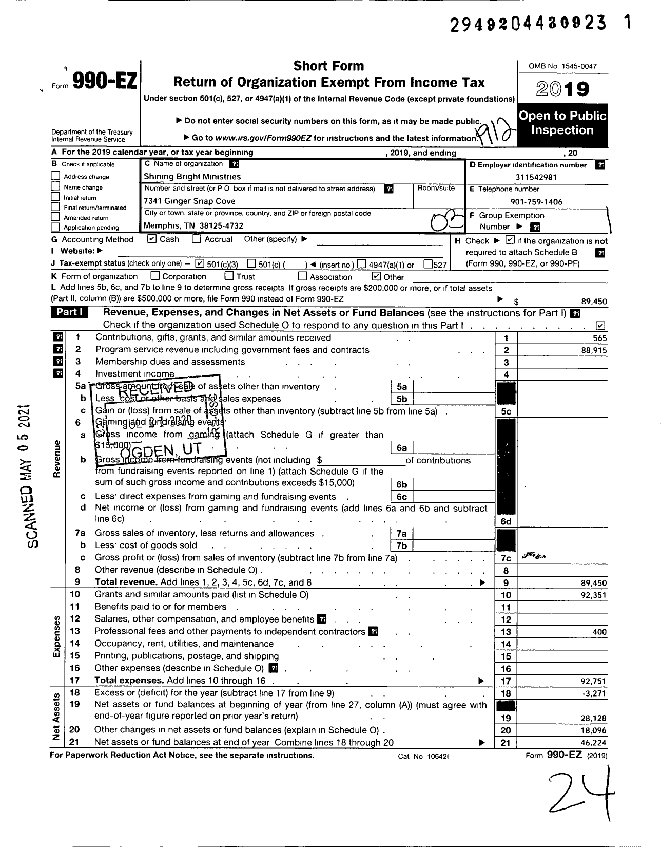 Image of first page of 2019 Form 990EZ for Shining Bright Ministries