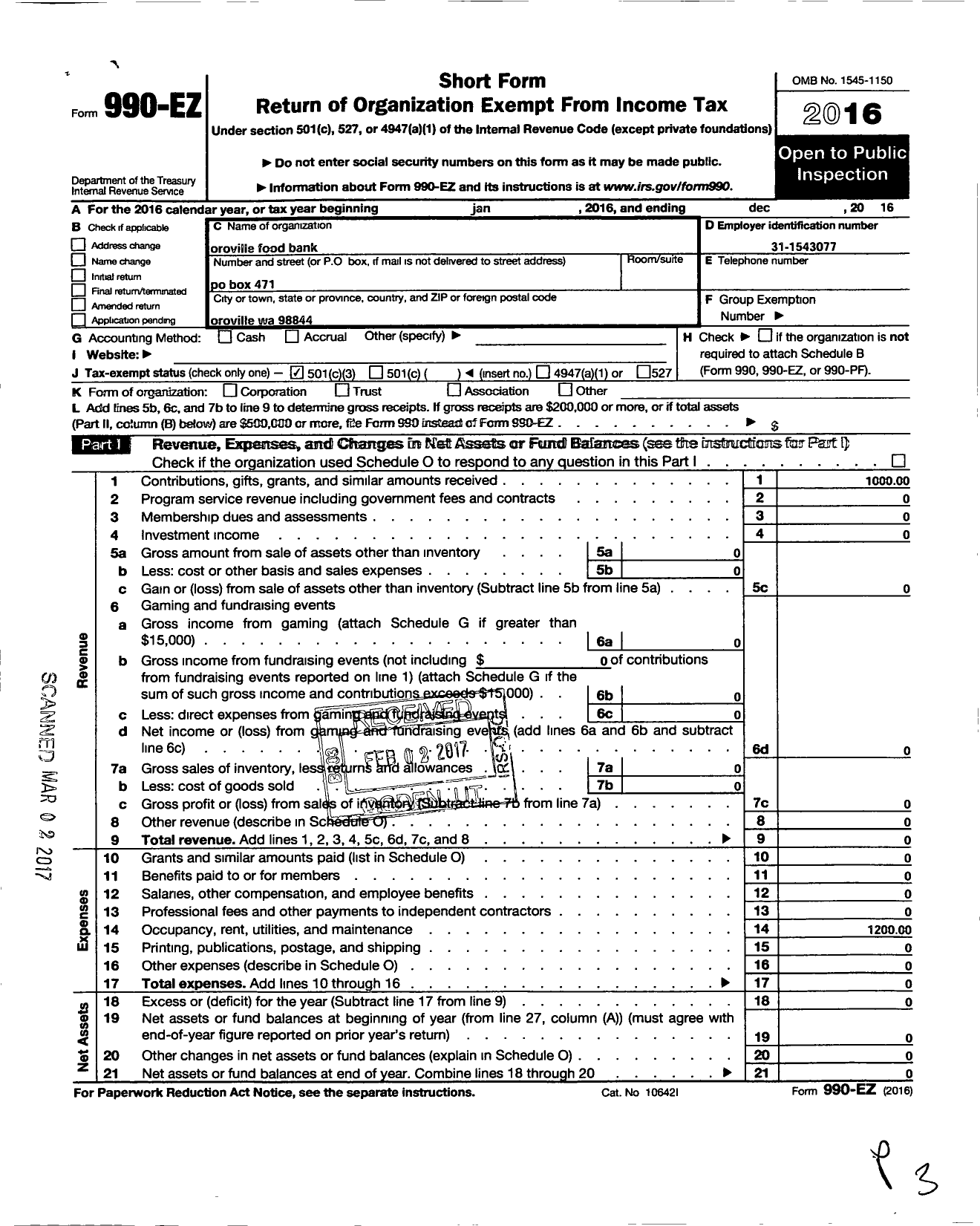 Image of first page of 2016 Form 990EZ for Oroville Food Bank