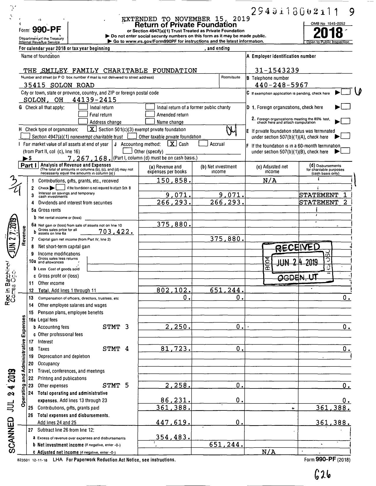 Image of first page of 2018 Form 990PF for The Smiley Family Charitable Foundation