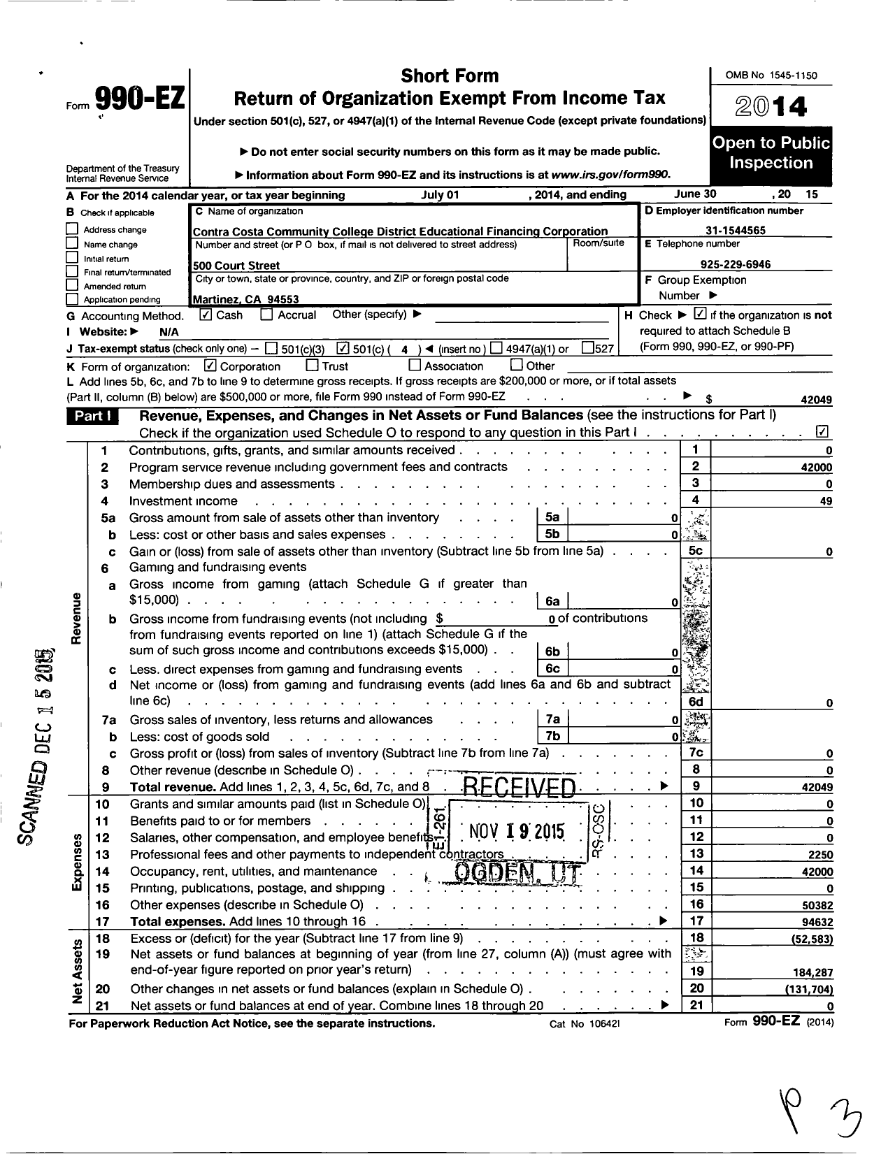 Image of first page of 2014 Form 990EO for Contra Costa Community College District Educational Financing Cor