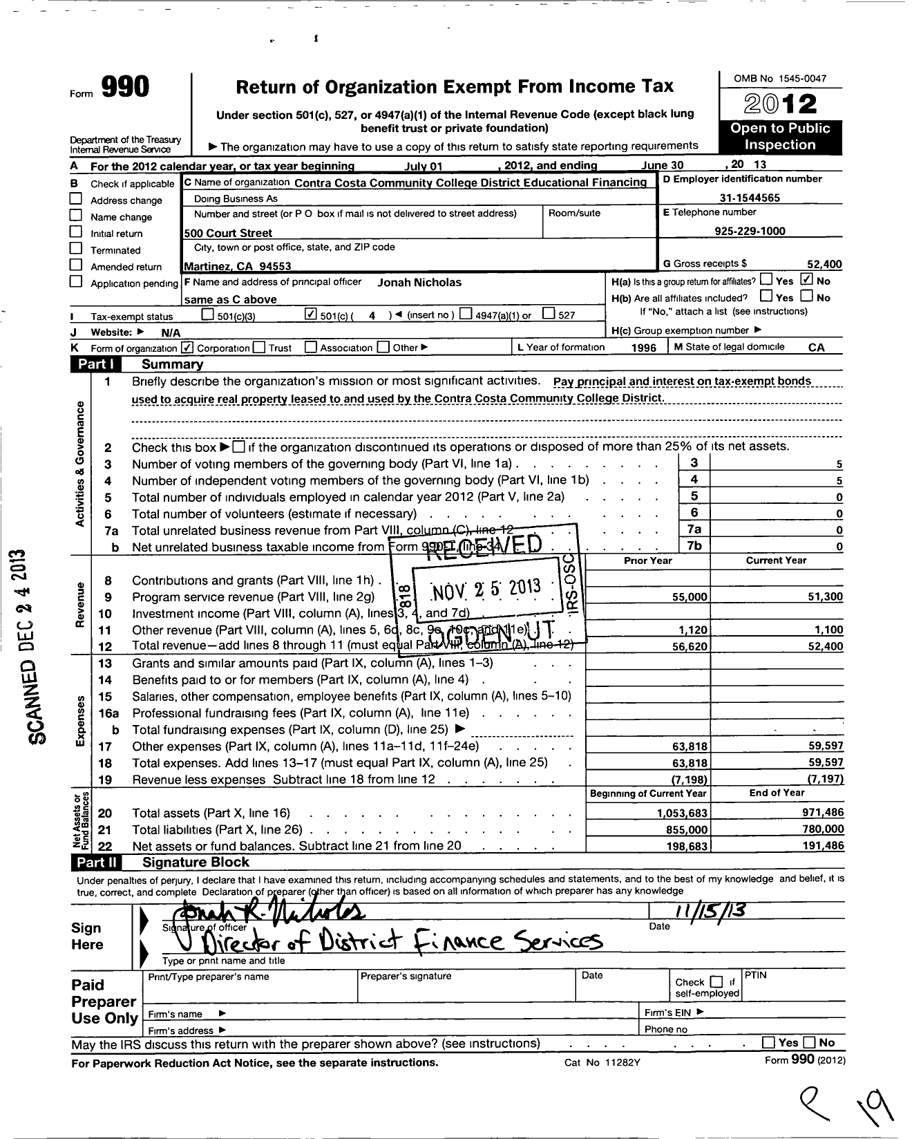 Image of first page of 2012 Form 990O for Contra Costa Community College District Educational Financing Cor