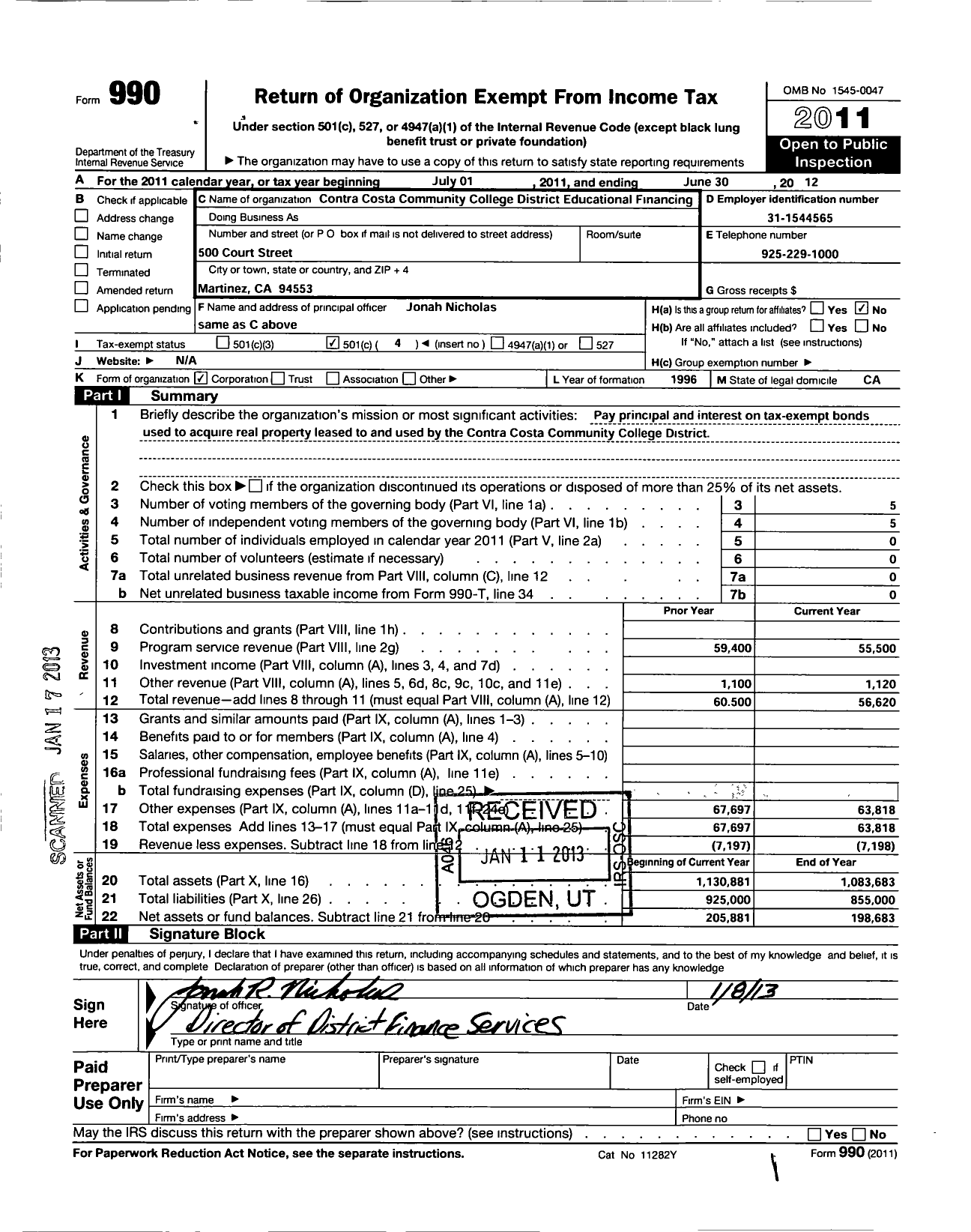 Image of first page of 2011 Form 990O for Contra Costa Community College District Educational Financing Cor