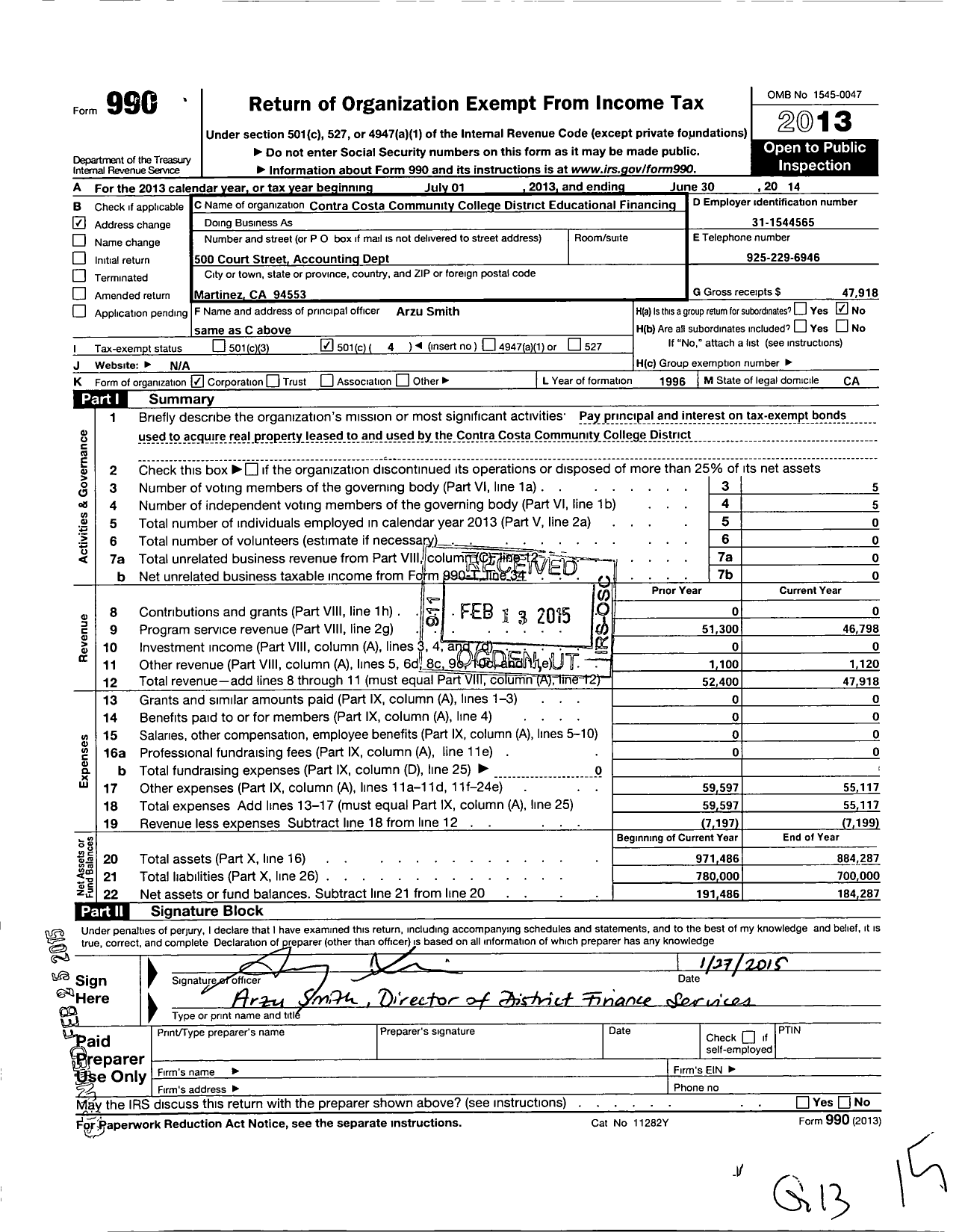 Image of first page of 2013 Form 990O for Contra Costa Community College District Educational Financing Cor