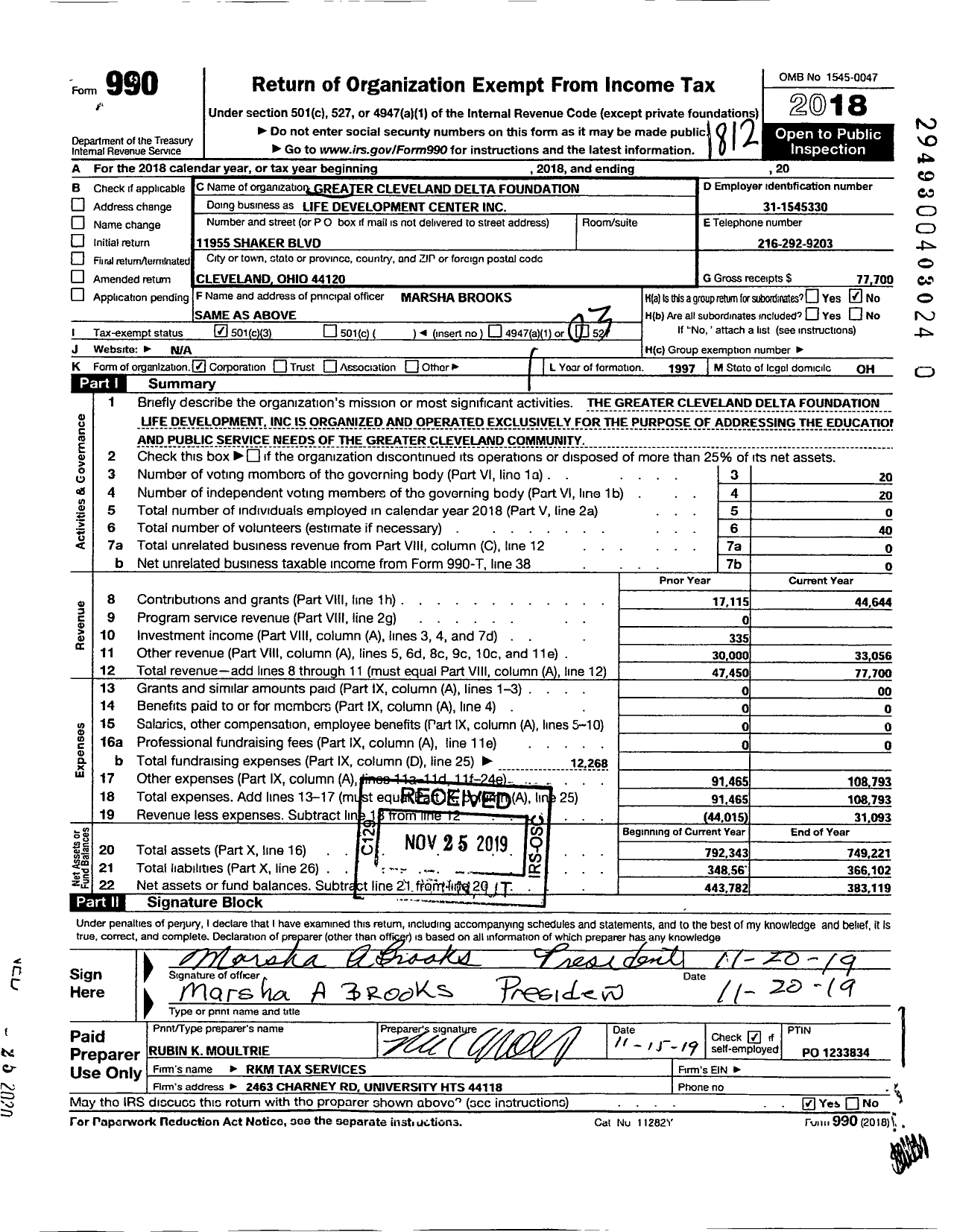 Image of first page of 2018 Form 990 for GREATER CLEVELAND DELTA FOUNDATION lIFE DEVELOPMENT CENTER